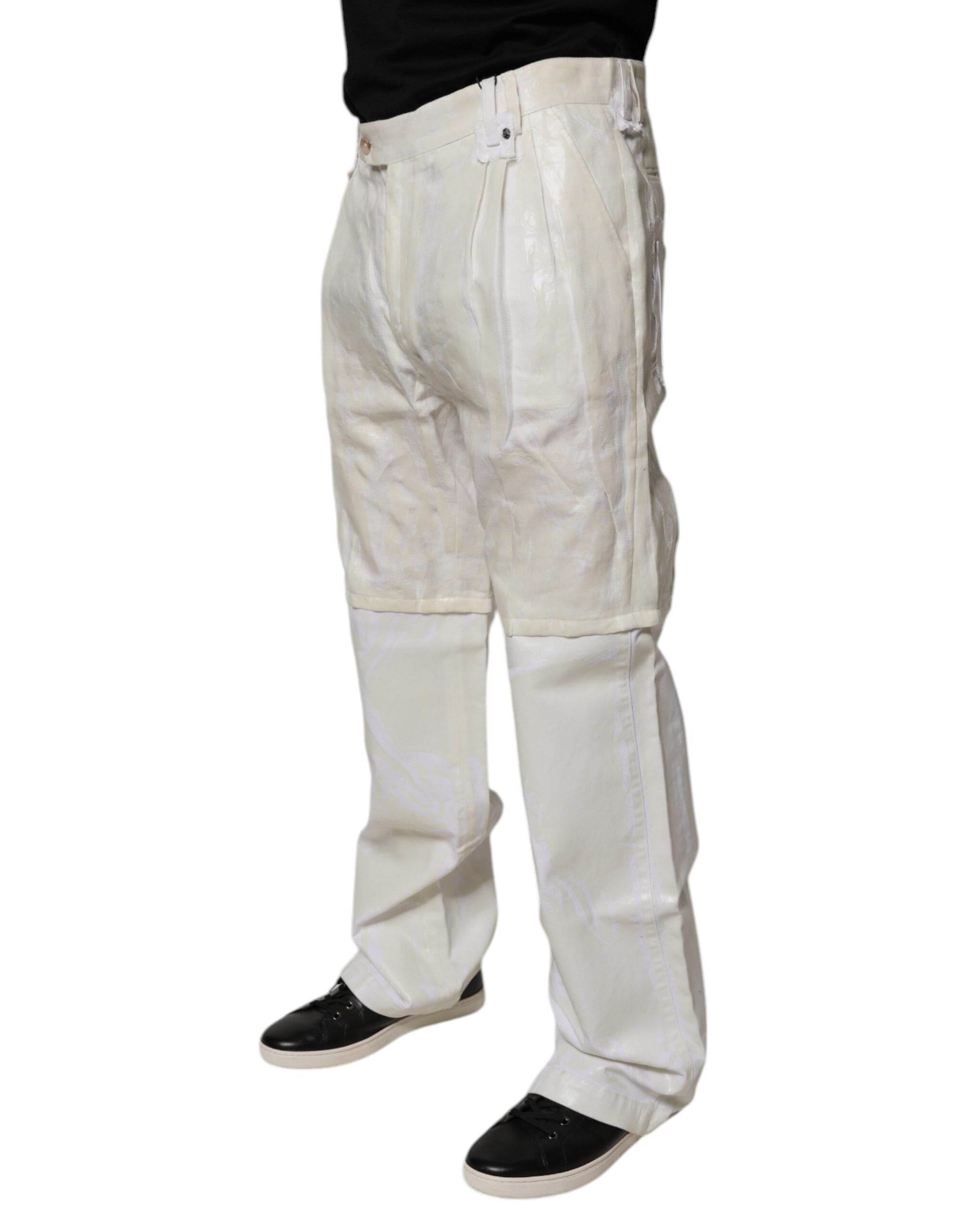 Jeans homme Dolce & Gabbana en lin blanc, taille mi-haute, coupe droite, denim, visible détail de la texture et de la coupe.