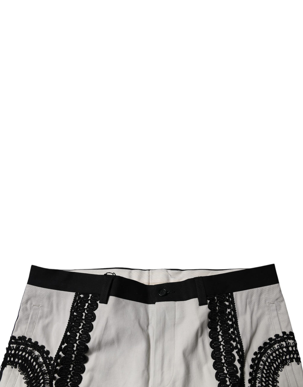 Pantalon formel Dolce & Gabbana blanc avec ourlet en dentelle, taille mi-haute, style élégant et sophistiqué.