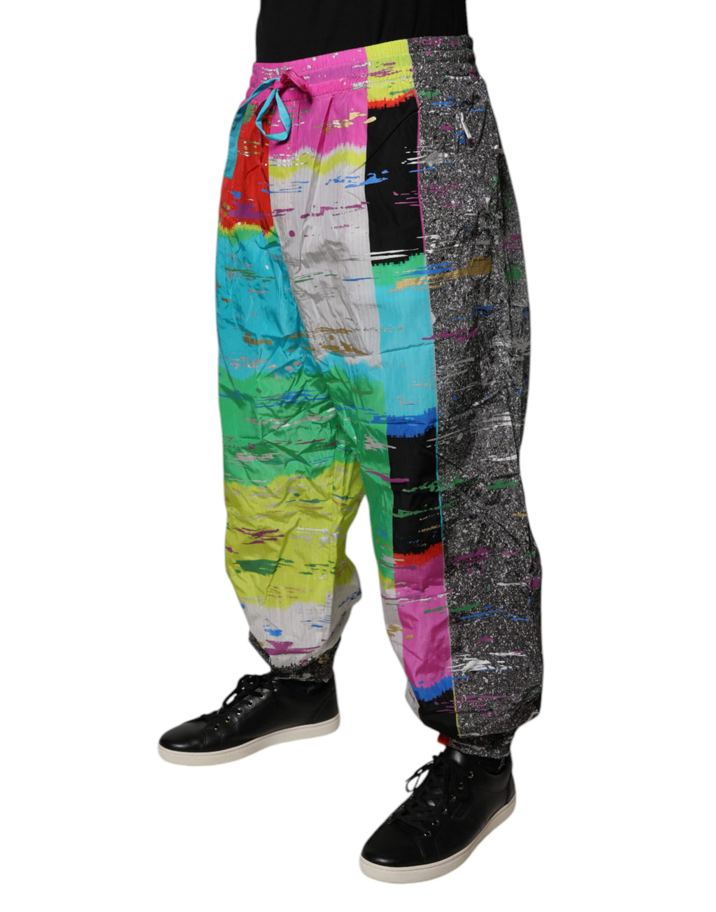 Pantalon Dolce & Gabbana en patchwork multicolore, taille moyenne, en coton, vue de face.