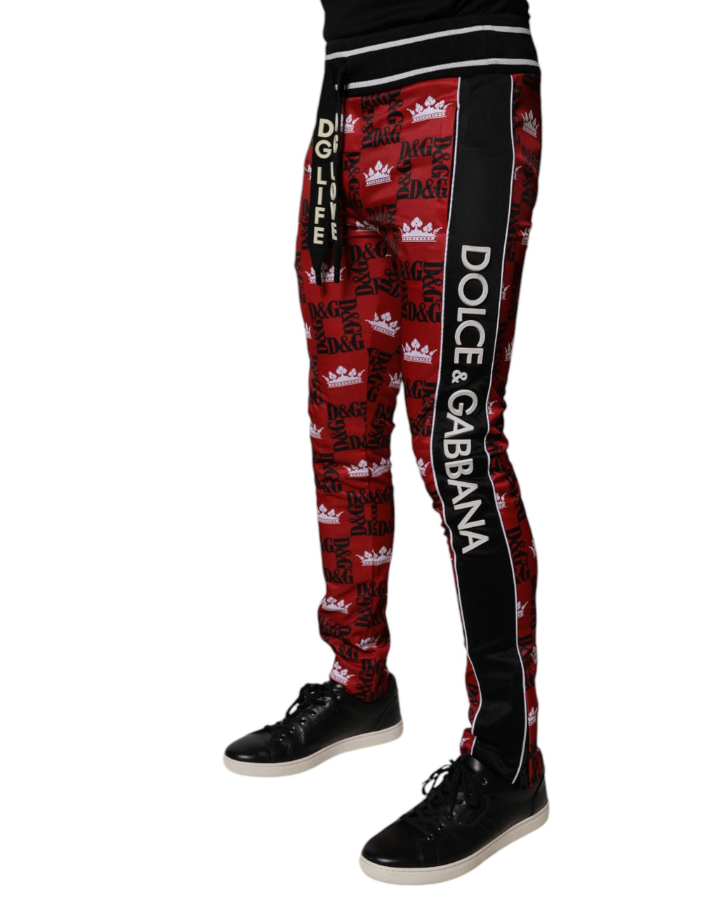 Pantalon de survêtement rouge Dolce & Gabbana avec logo couronne et monogramme pour homme, style décontracté.