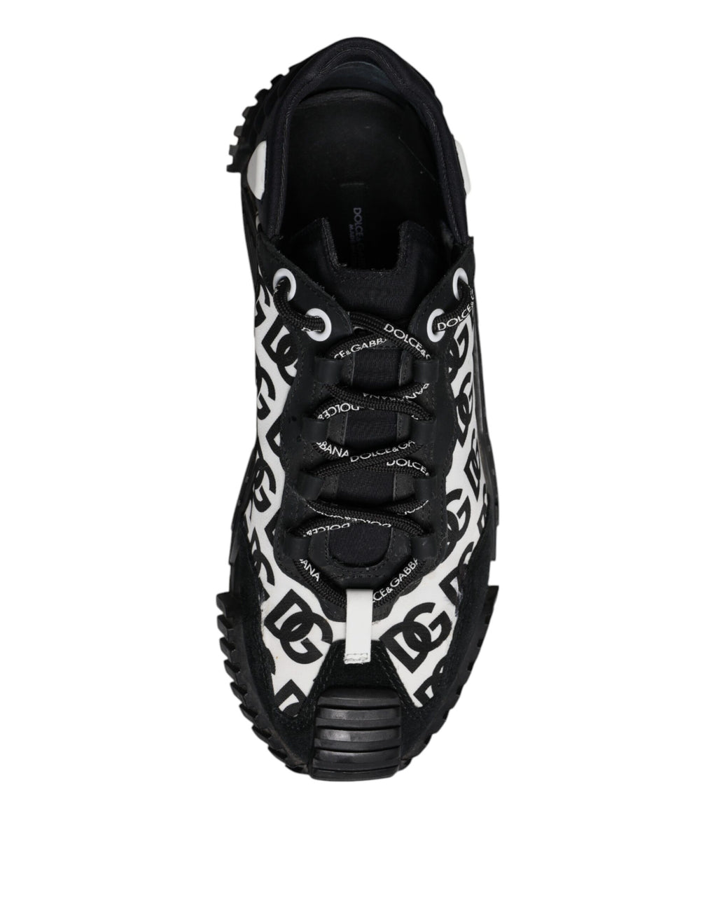 Chaussures sneakers basses noires Dolce & Gabbana logo en dentelle, lacets, style décontracté et moderne.