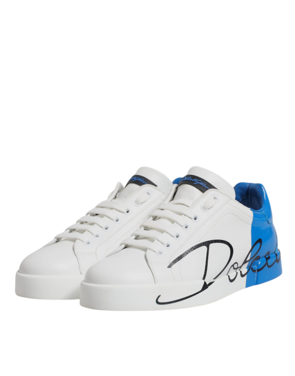 Chaussures sneakers basses Dolce & Gabbana en cuir blanc et bleu avec logo, chaussures de sport élégantes et confortables.