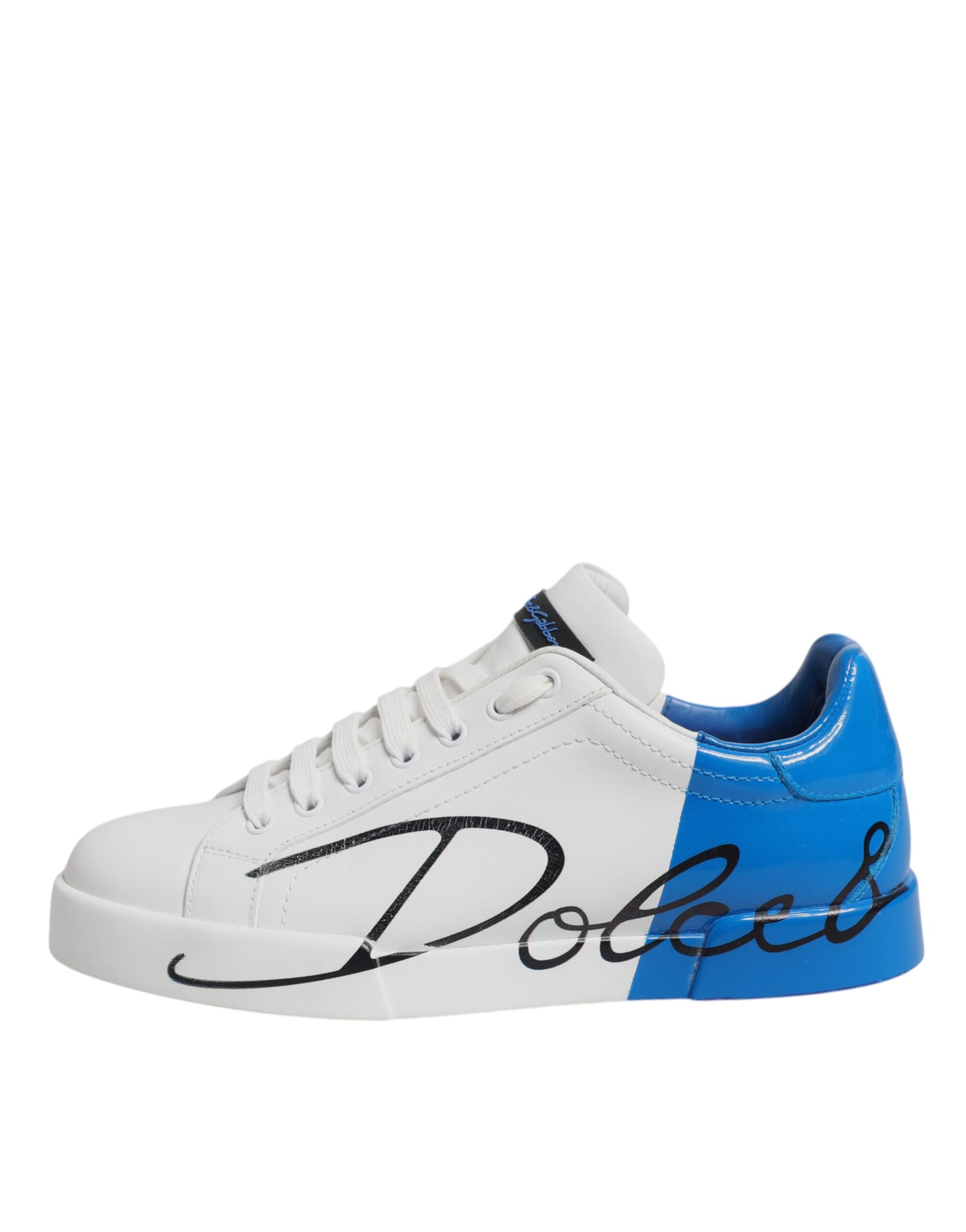 Chaussures sneakers basses en cuir blanc et bleu avec logo Dolce & Gabbana, chaussures de sport élégantes pour homme.