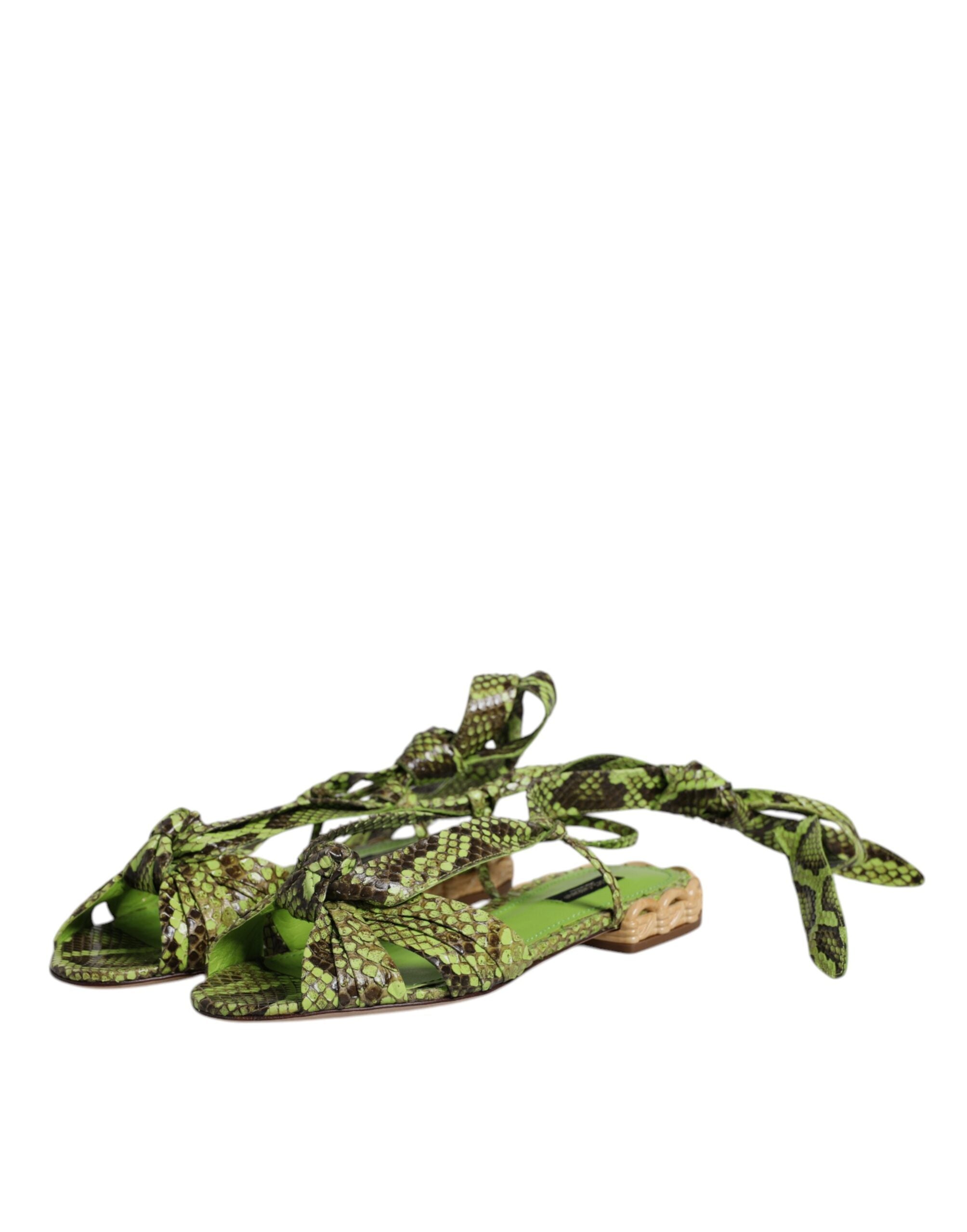 Sandales à talons ankle wrap Dolce & Gabbana avec imprimé animal vert, chaussures élégantes et tendance.