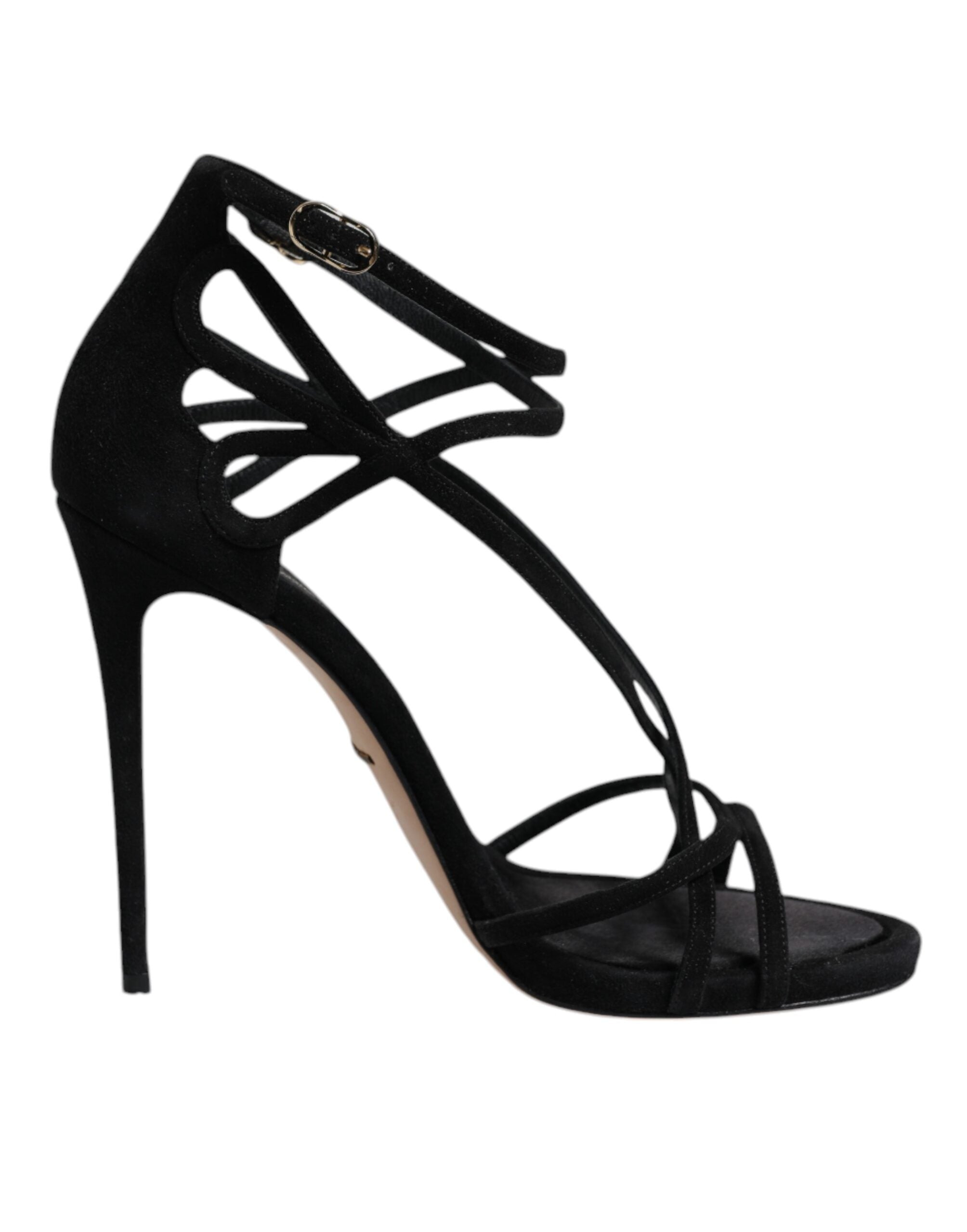 Sandales à talons stilettos en cuir noir de Dolce & Gabbana, chaussures élégantes avec bride fine et semelle haute.