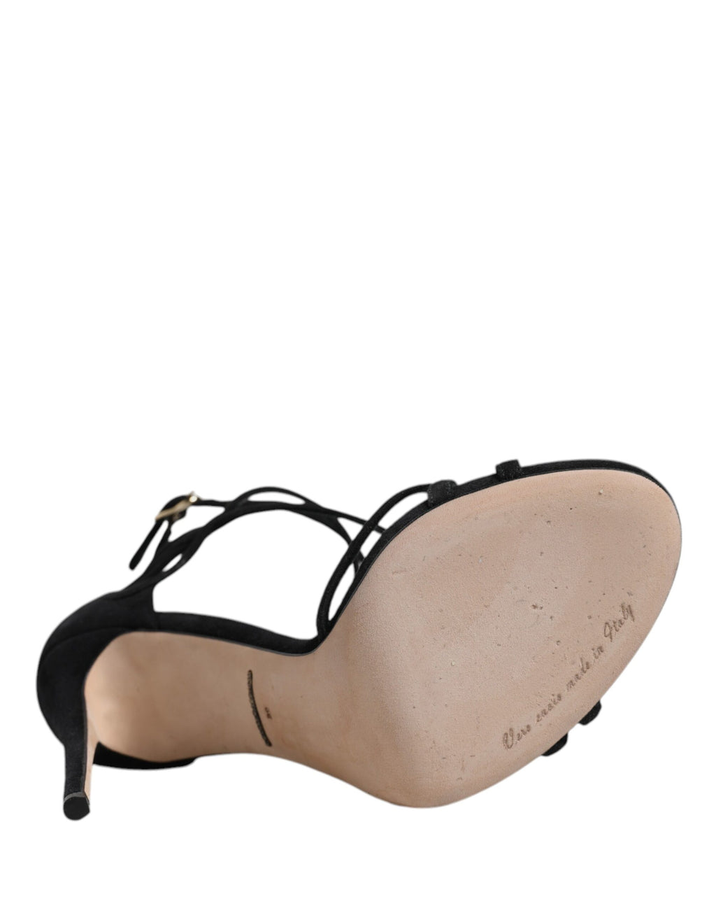 Sandales noir en cuir Dolce & Gabbana avec talons stilettos, vue de face montrant le design élégant et les détails du produit.