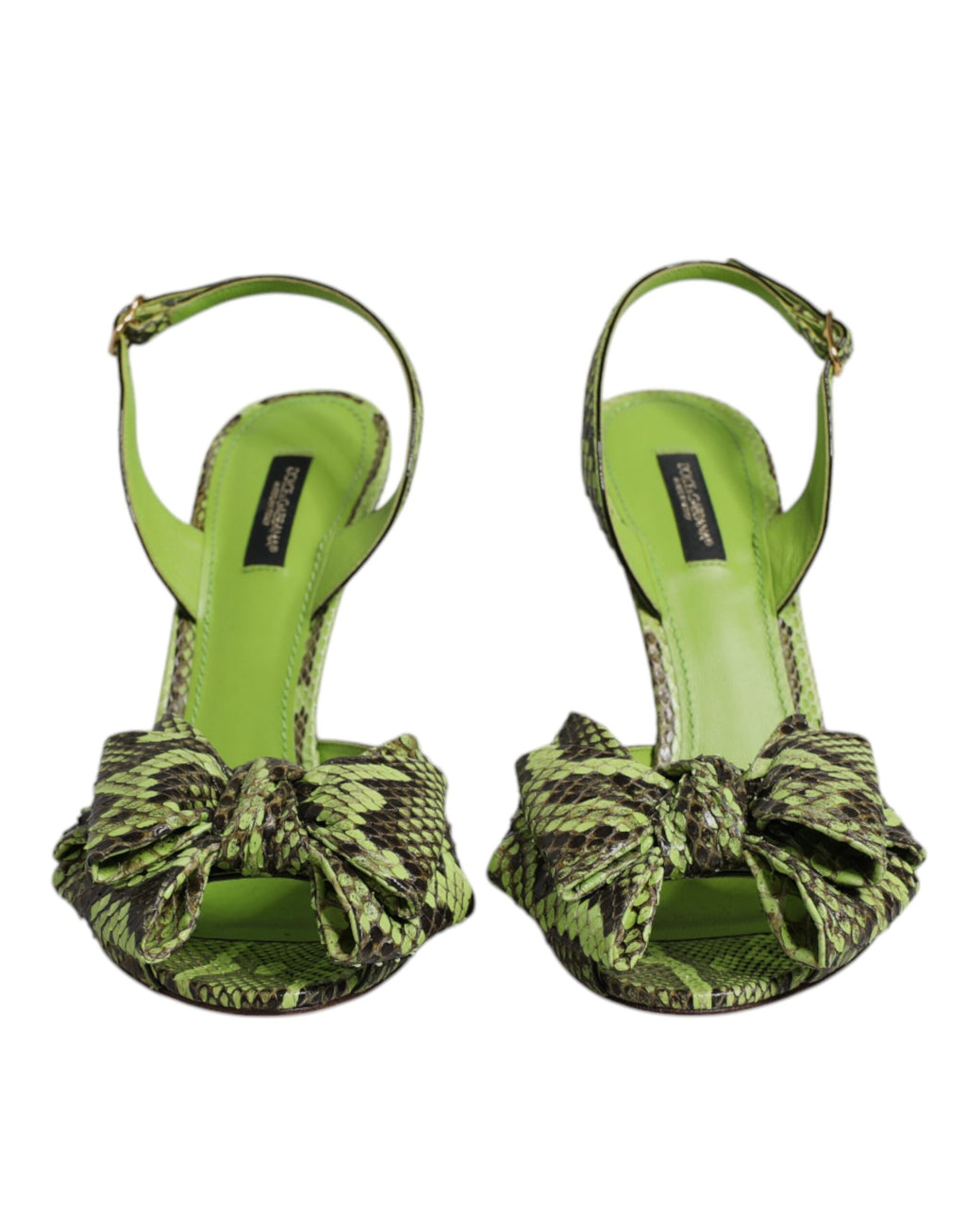 Sandales à talons Dolce & Gabbana en cuir de python vert, chaussures élégantes avec brides fines et semelle en cuir.