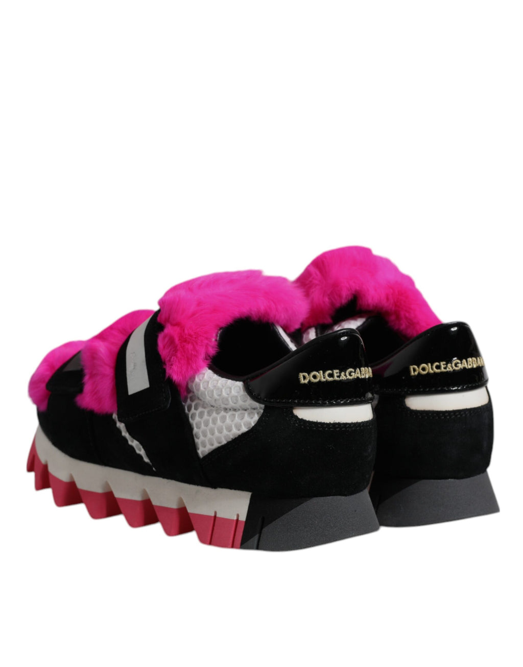 Sneakers Dolce & Gabbana noires avec détails en fourrure rose et embellissements, chaussures de mode pour femmes.