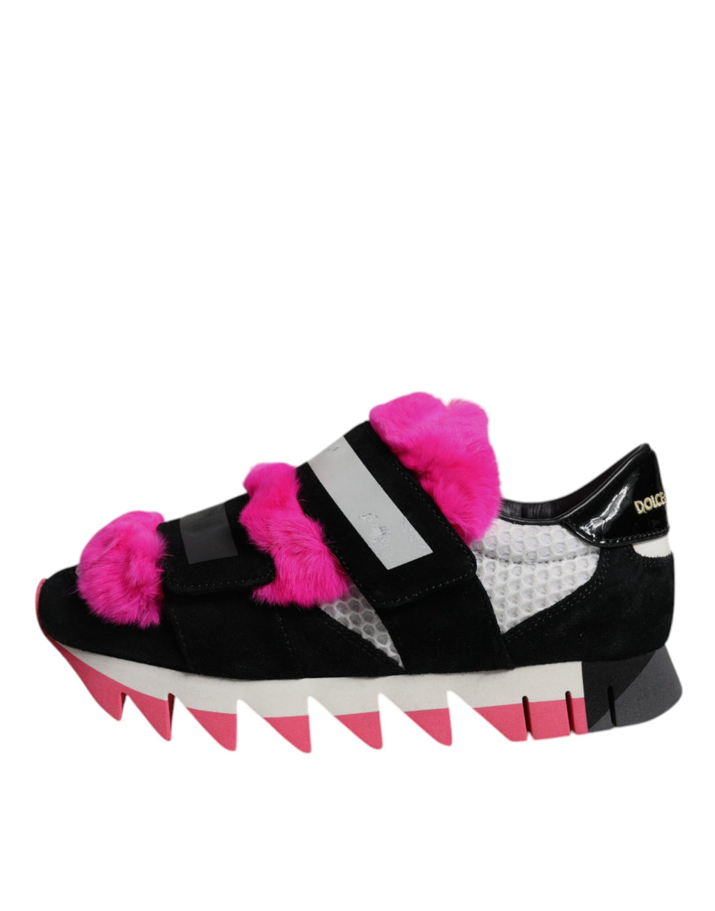 Baskets Dolce & Gabbana noires avec détails en fourrure rose et embellissements, style élégant et tendance.