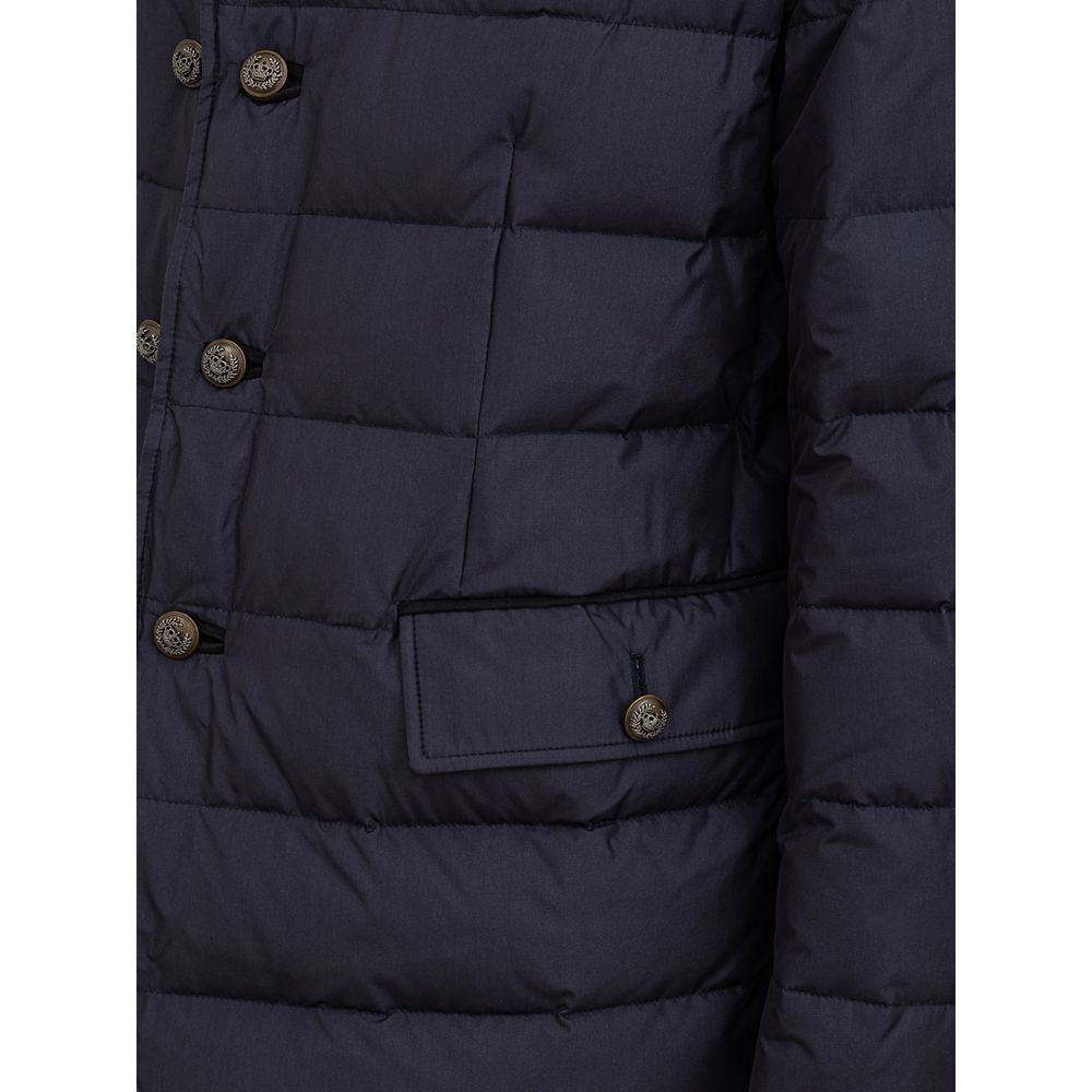 Manteau en polyester bleu Dolce & Gabbana, coupe élégante, avec détails sophistiqués, porté sur un mannequin.