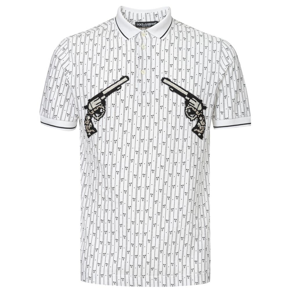 Chemise polo en coton blanc Dolce & Gabbana, détail du col avec logo, vue de face.