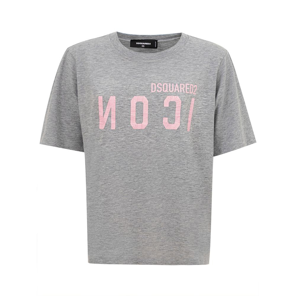T-shirt en coton gris Dsquared² avec logo, coupe classique, porté sur un mannequin, détail du col rond et manches courtes.