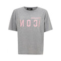 T-shirt en coton gris Dsquared² avec logo, coupe classique, porté sur un mannequin, détail du col rond et manches courtes.