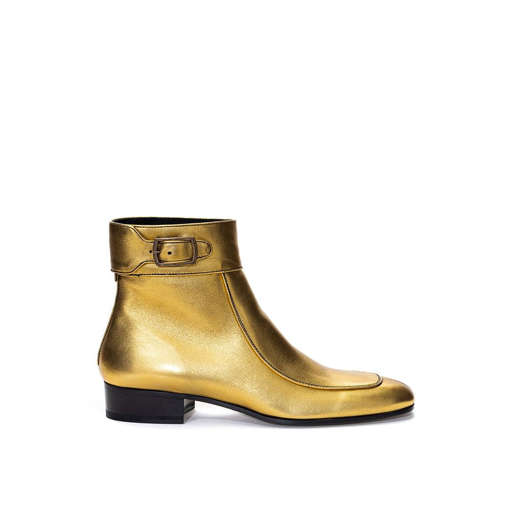Bottes en cuir doré Saint Laurent pour ankle, élégantes et modernes, avec fermeture à glissière et talon moyen.