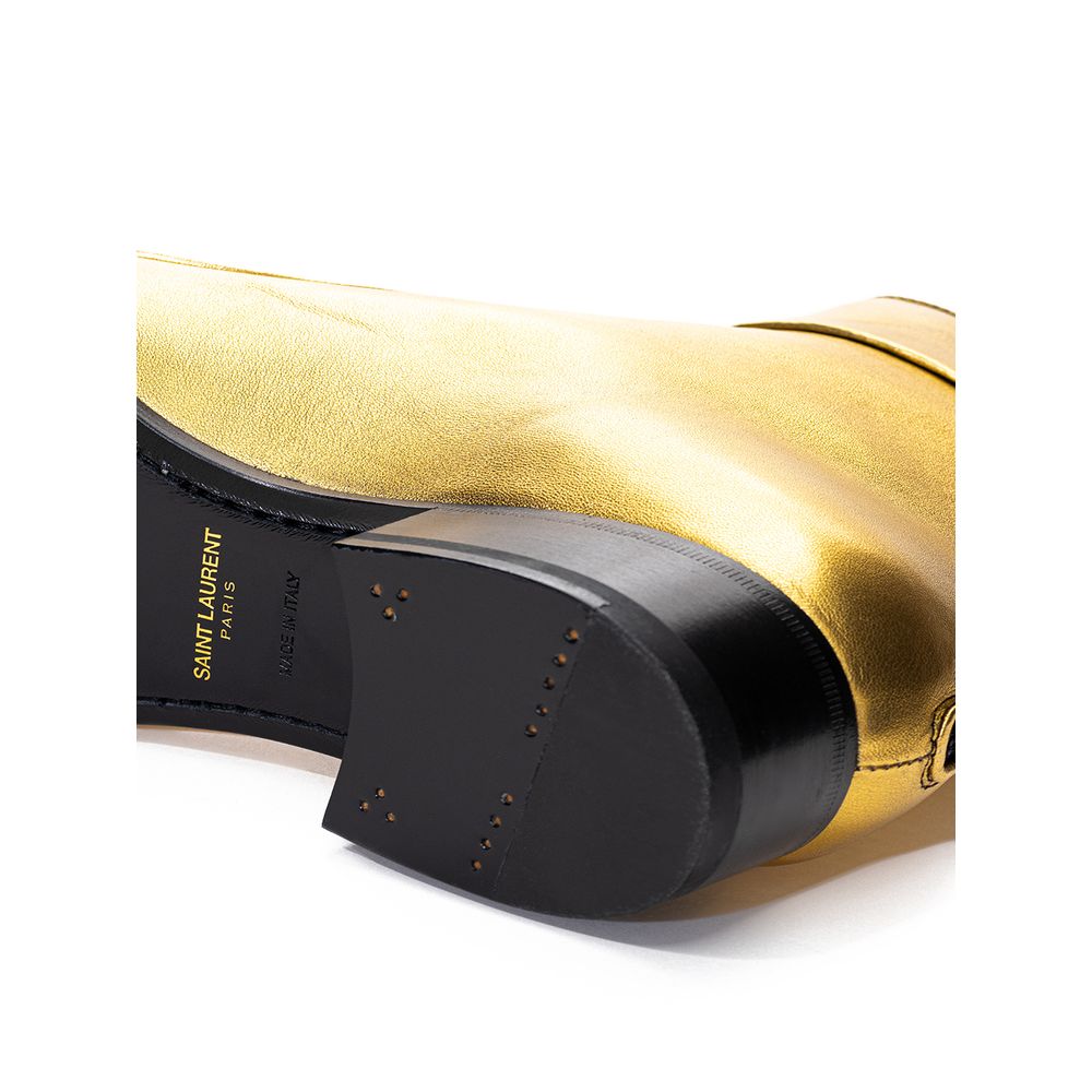 Bottes en cuir doré Saint Laurent pour la cheville, élégantes et sophistiquées, avec talon et finition de haute qualité.