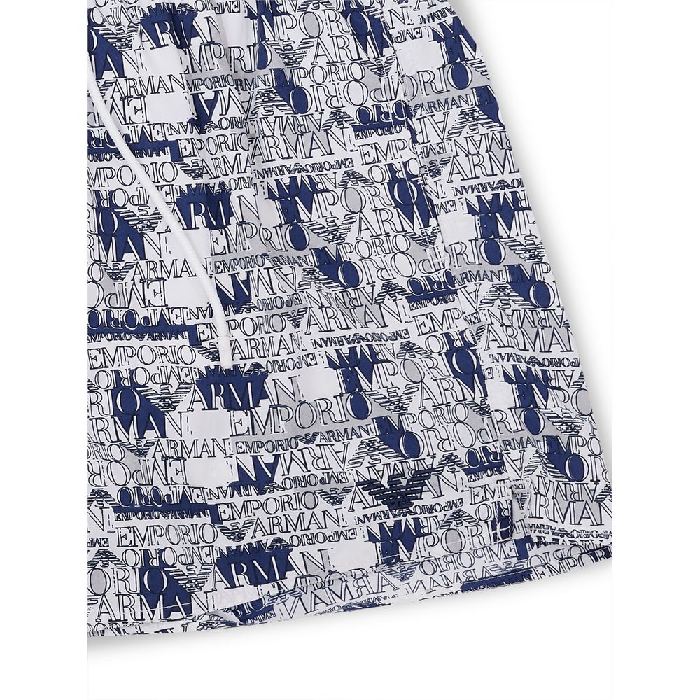 Short de bain en polyester blanc Emporio Armani, vue de face avec logo visible sur la jambe.