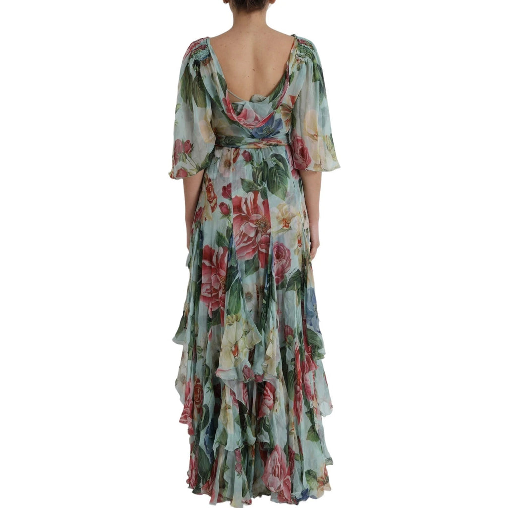 Robe longue à fleurs bleues Dolce & Gabbana à plusieurs couches, style maxi avec motif floral élégant et fluide.