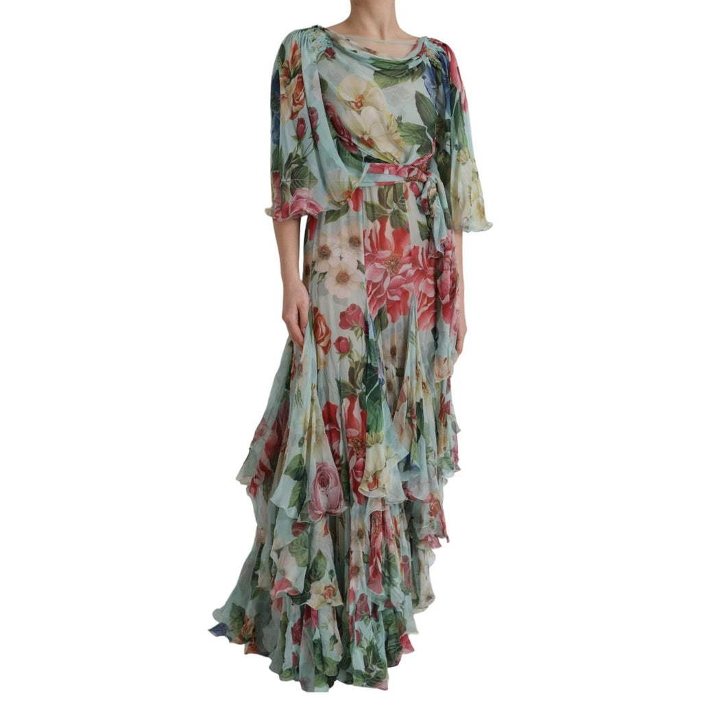 Robe longue à imprimé floral bleu Dolce & Gabbana, robe maxi à plusieurs couches, élégante et fluide, vue de face.