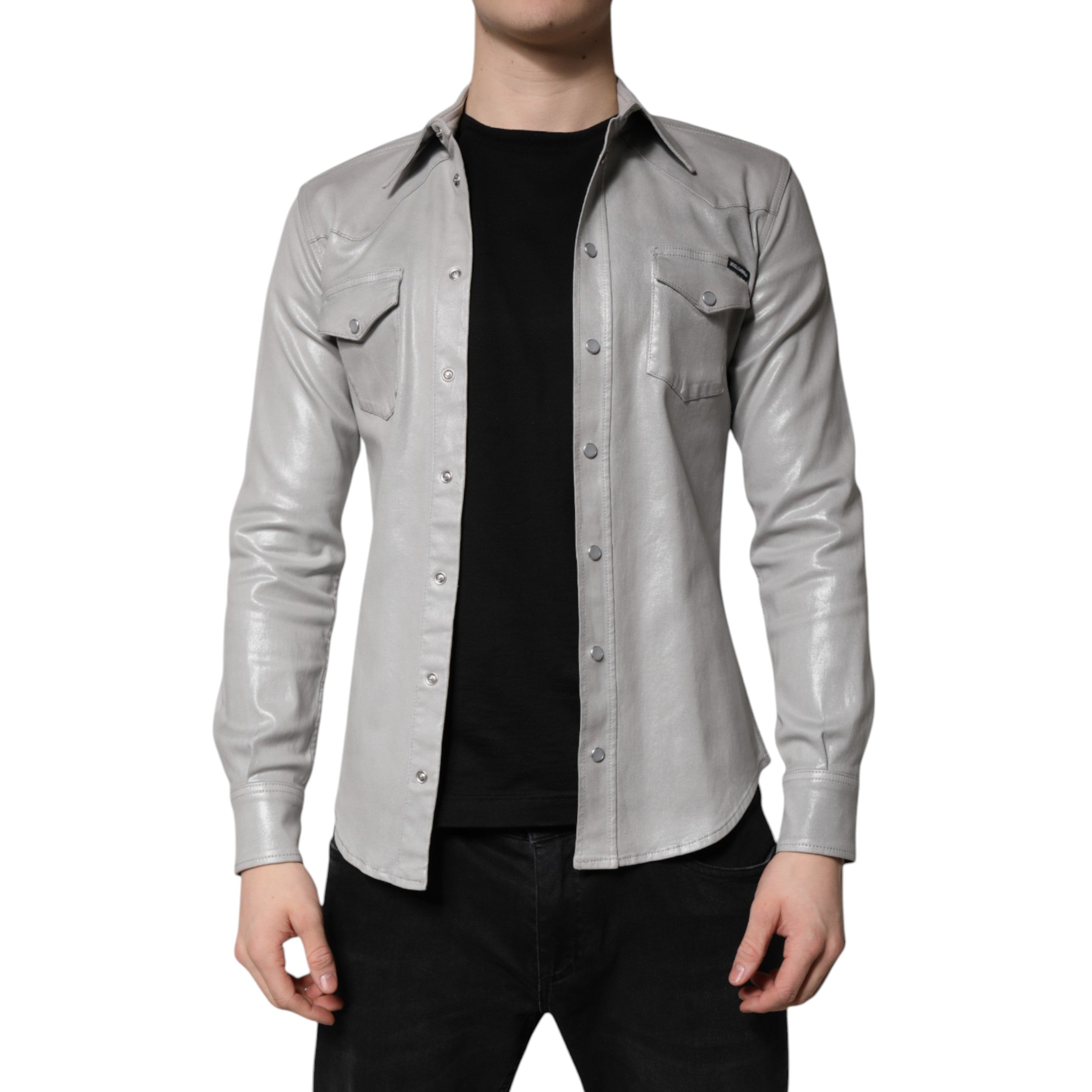 Chemise en coton gris métallisé Dolce & Gabbana à boutons, vue de face avec col classique et détails sophistiqués.