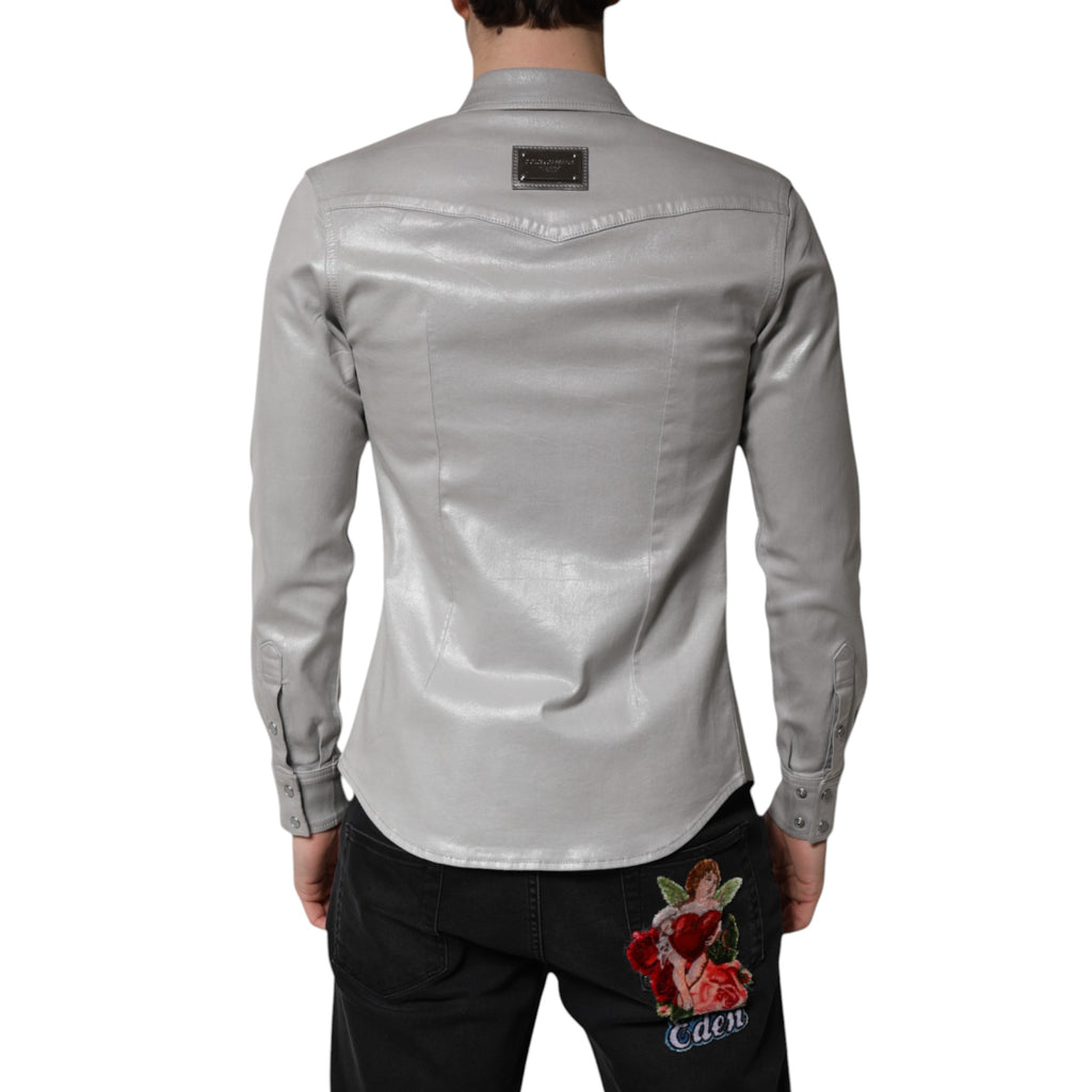 Chemise boutonnée en coton gris métallisé de Dolce & Gabbana, style élégant et sophistiqué pour homme.