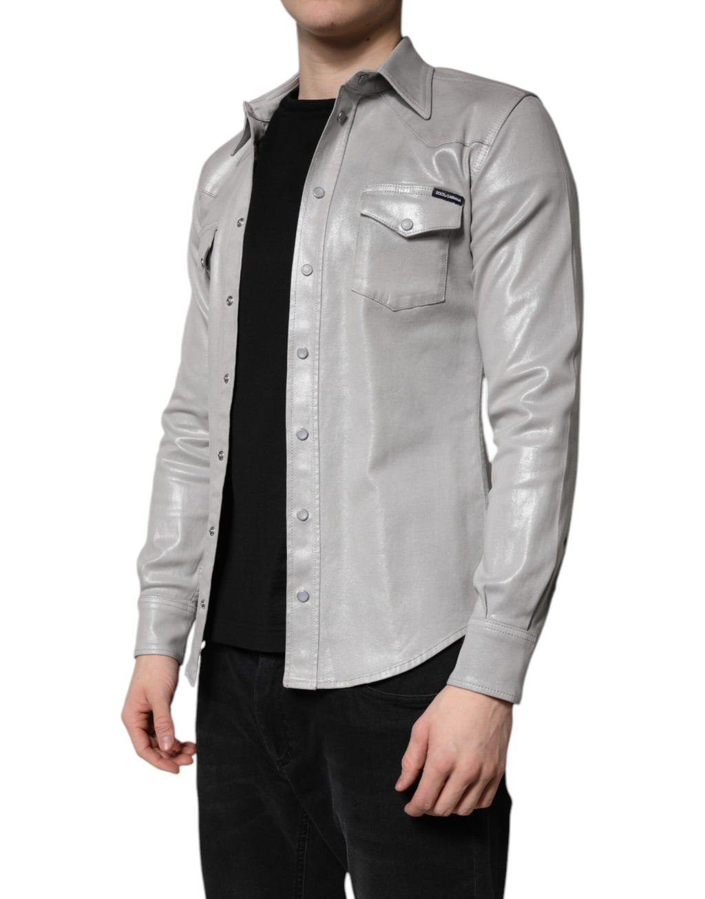 Chemise en coton gris métallisé à boutons de Dolce & Gabbana, style élégant et sophistiqué.