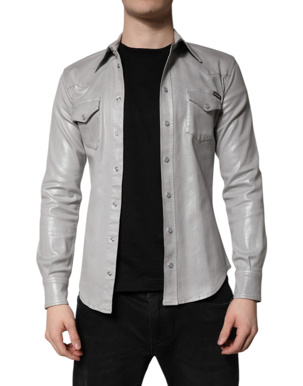 Chemise en coton gris métallisé Dolce & Gabbana avec boutons, élégante et sophistiquée, vue de face.