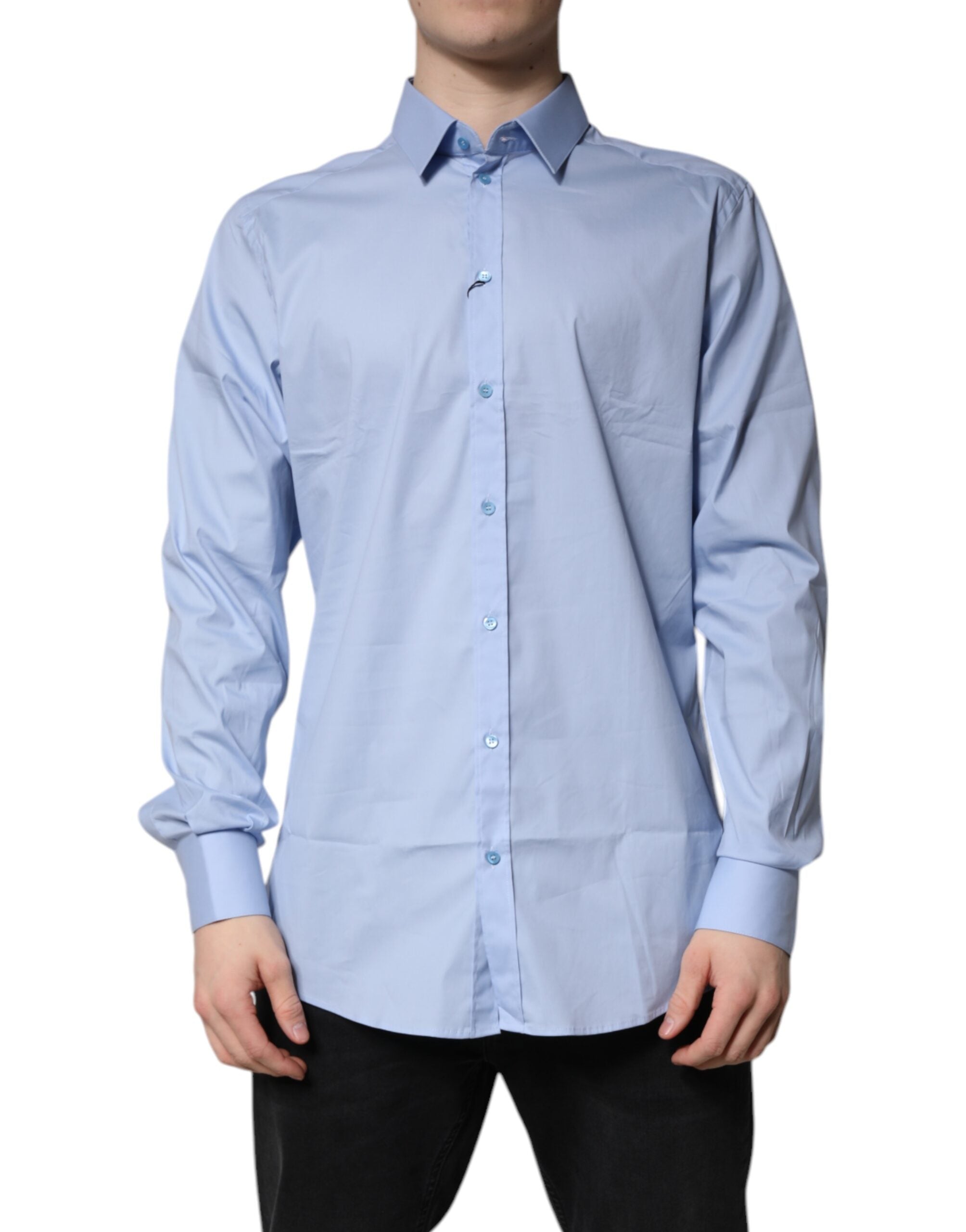 Chemise formelle Dolce & Gabbana Light Blue en coton avec détails dorés, vue de face sur un mannequin.