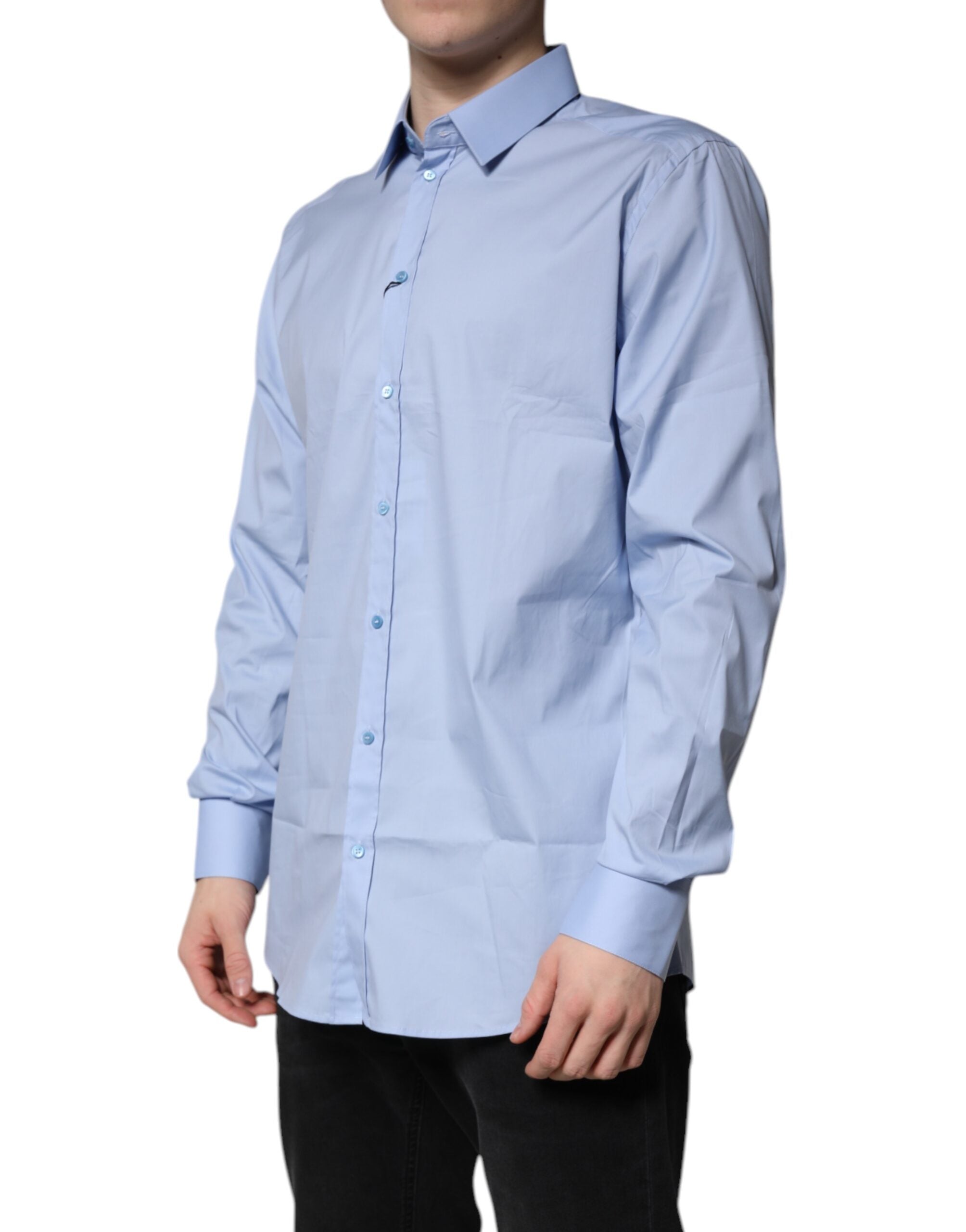 Chemise formelle Dolce & Gabbana Light Blue Cotton GOLD avec col classique et manches longues, vue de face.