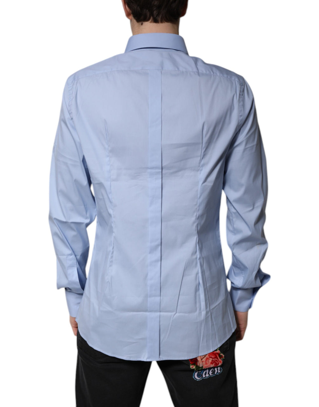 Chemise formelle Dolce & Gabbana Light Blue en coton avec détails dorés, élégante et classique.