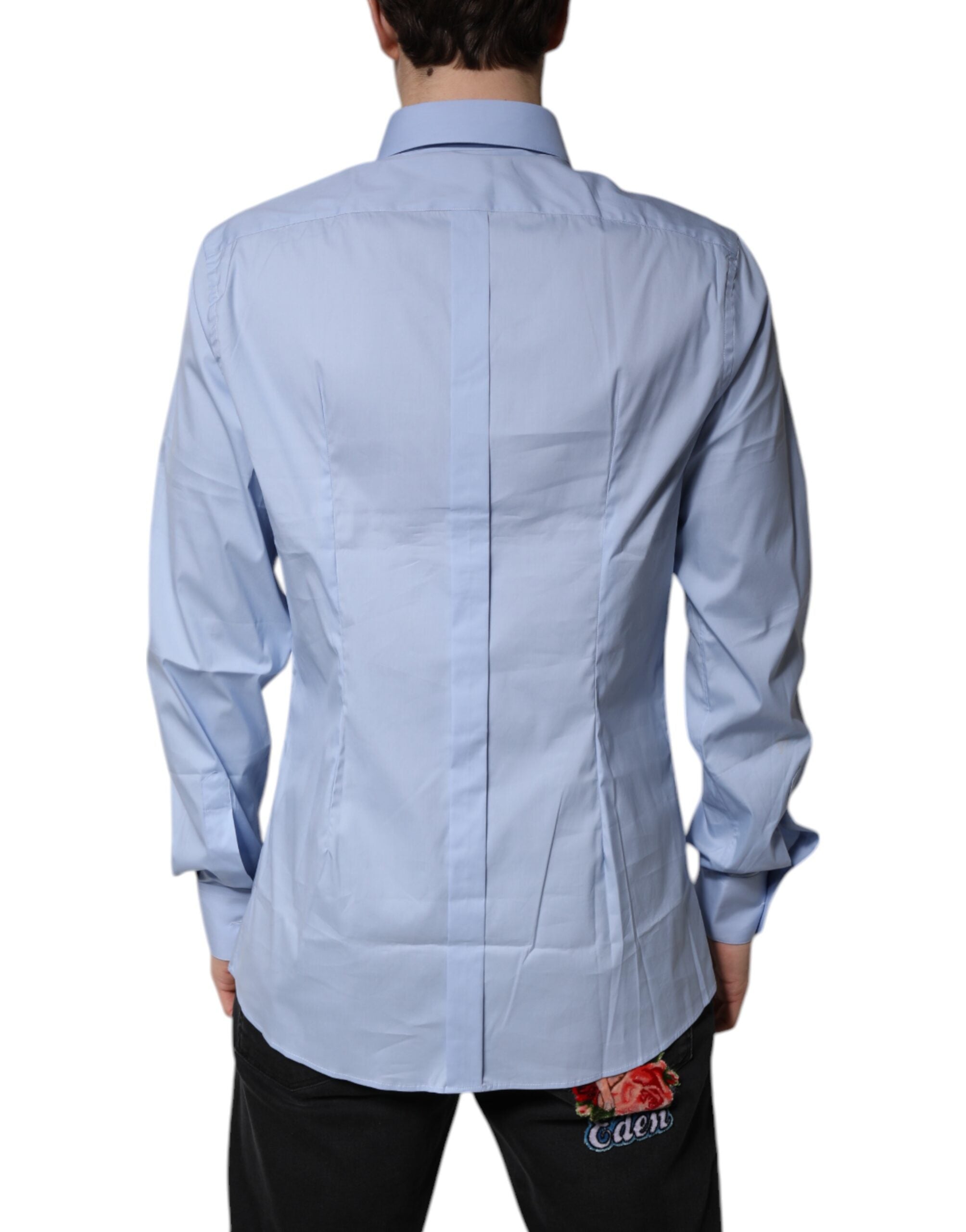 Chemise formelle Dolce & Gabbana Light Blue en coton avec détails dorés, élégante et classique.