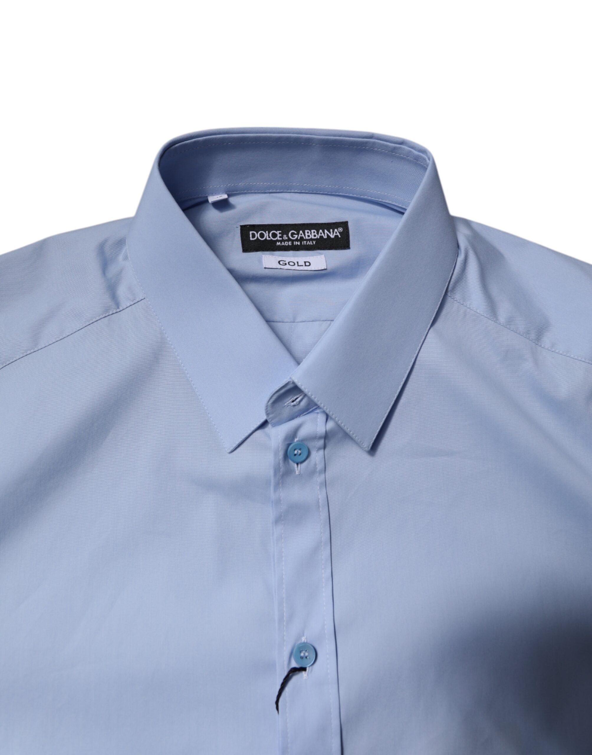 Chemise formelle en coton Dolce & Gabbana Light Blue Gold, élégante chemise pour homme avec détails dorés.