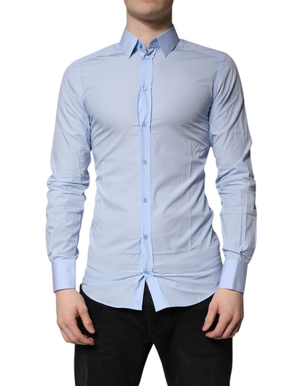 Chemise formelle Dolce & Gabbana Light Blue en coton Gold, vue détaillée du tissu et du col.