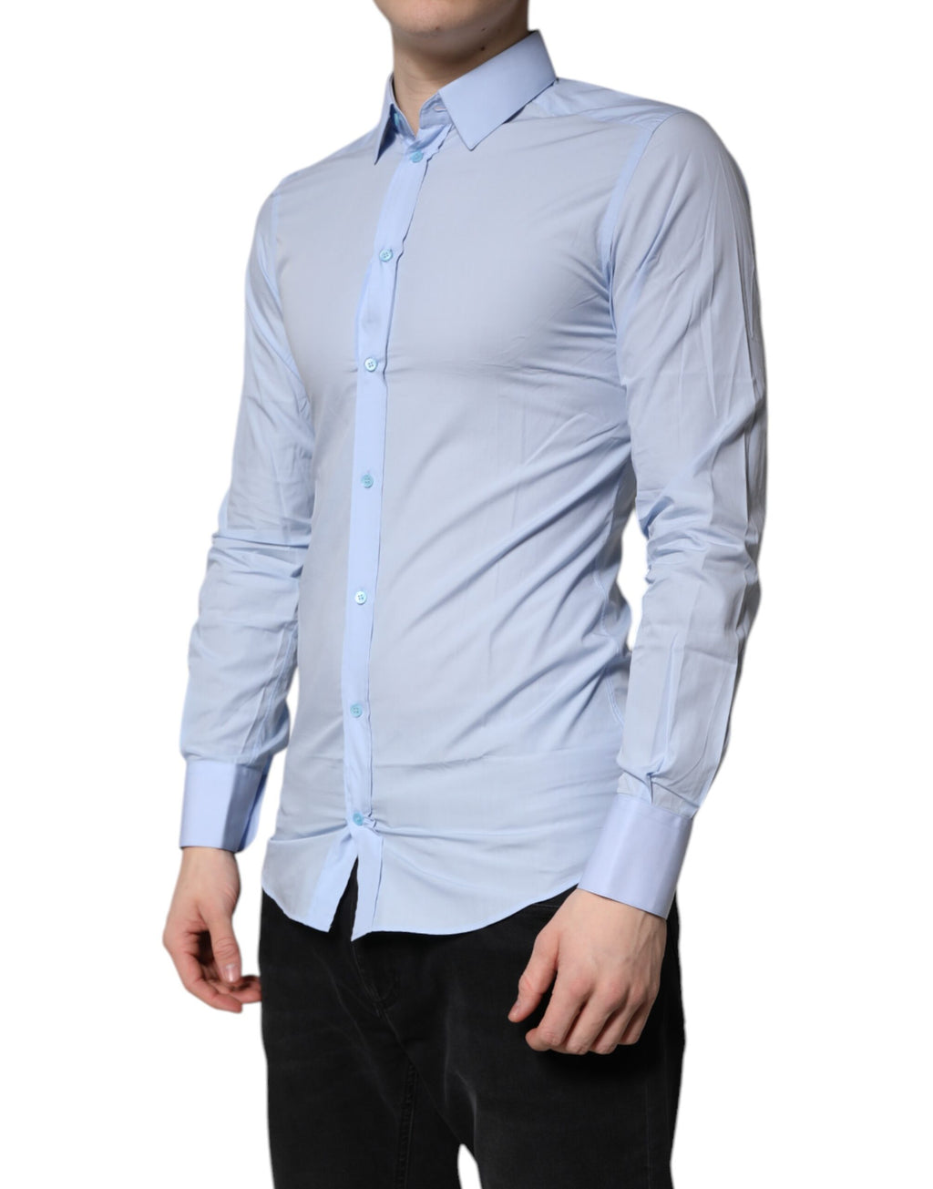 Chemise formelle Dolce & Gabbana Light Blue en coton avec détails dorés, élégante et sophistiquée.
