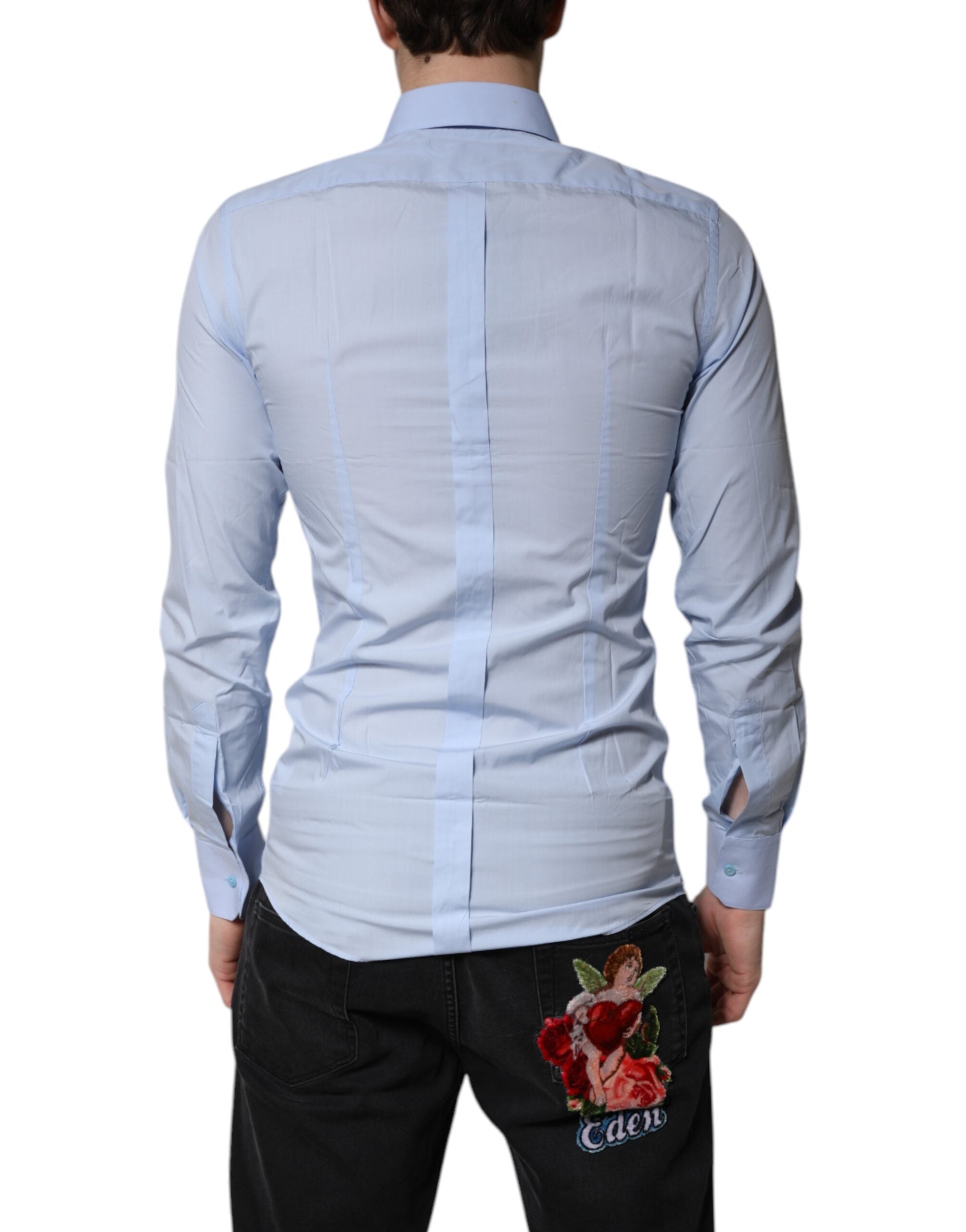 Chemise formelle Dolce & Gabbana Light Blue en coton avec détails dorés, élégante et sophistiquée.