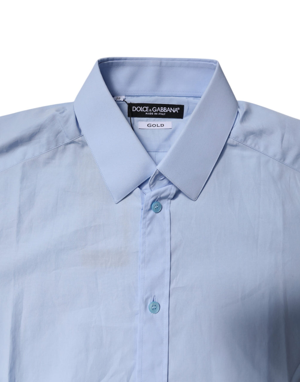 Chemise formelle Dolce & Gabbana Light Blue en coton avec détails dorés, style élégant et sophistiqué.