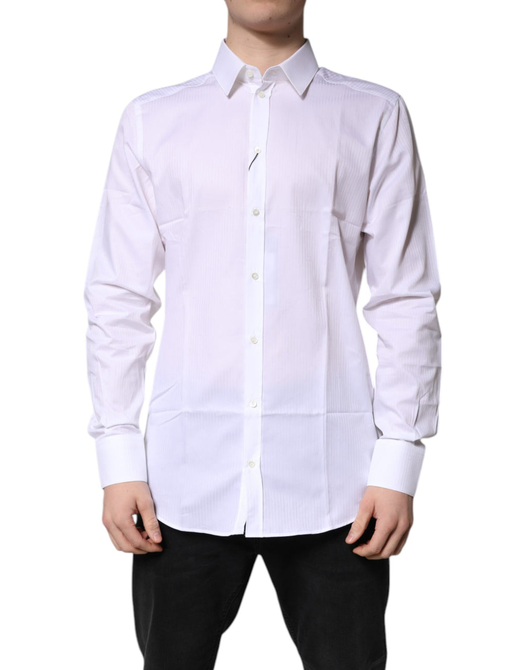 Chemise blanche en coton Dolce & Gabbana avec col, élégante pour occasion formelle, ornée de détails dorés.