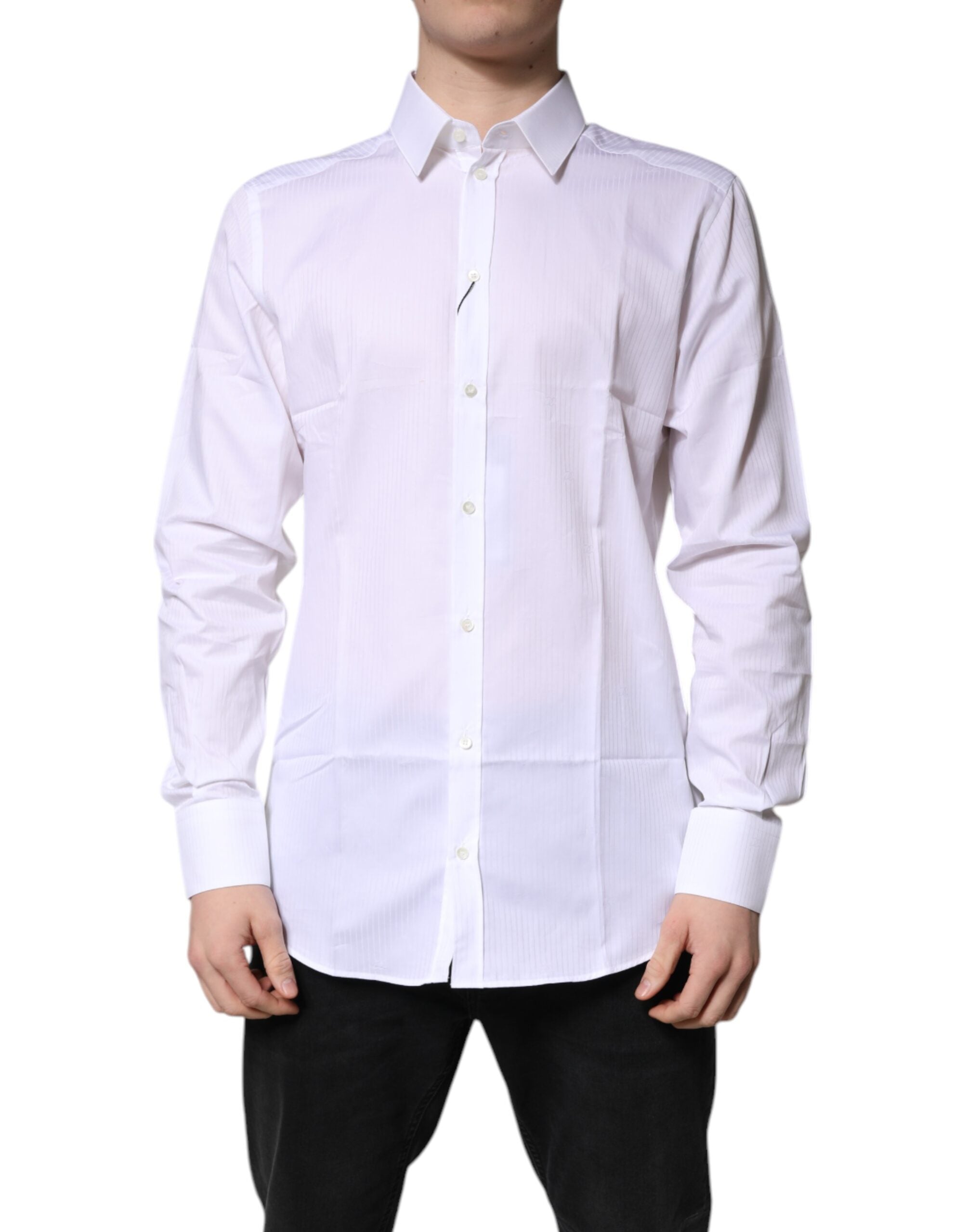 Chemise blanche en coton Dolce & Gabbana avec col, élégante pour occasion formelle, ornée de détails dorés.