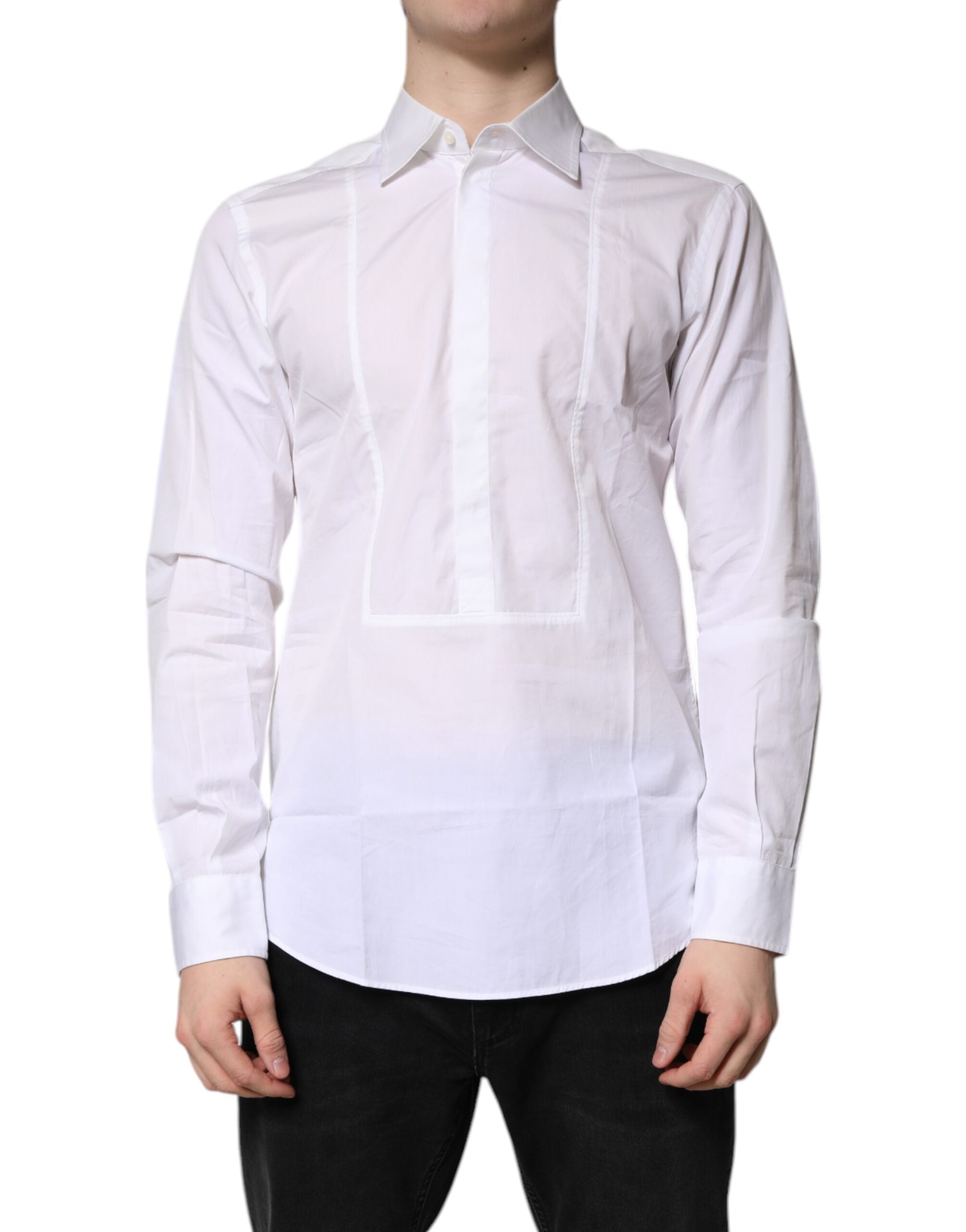 Chemise formelle blanche en coton de Dolce & Gabbana avec col, vue de face.