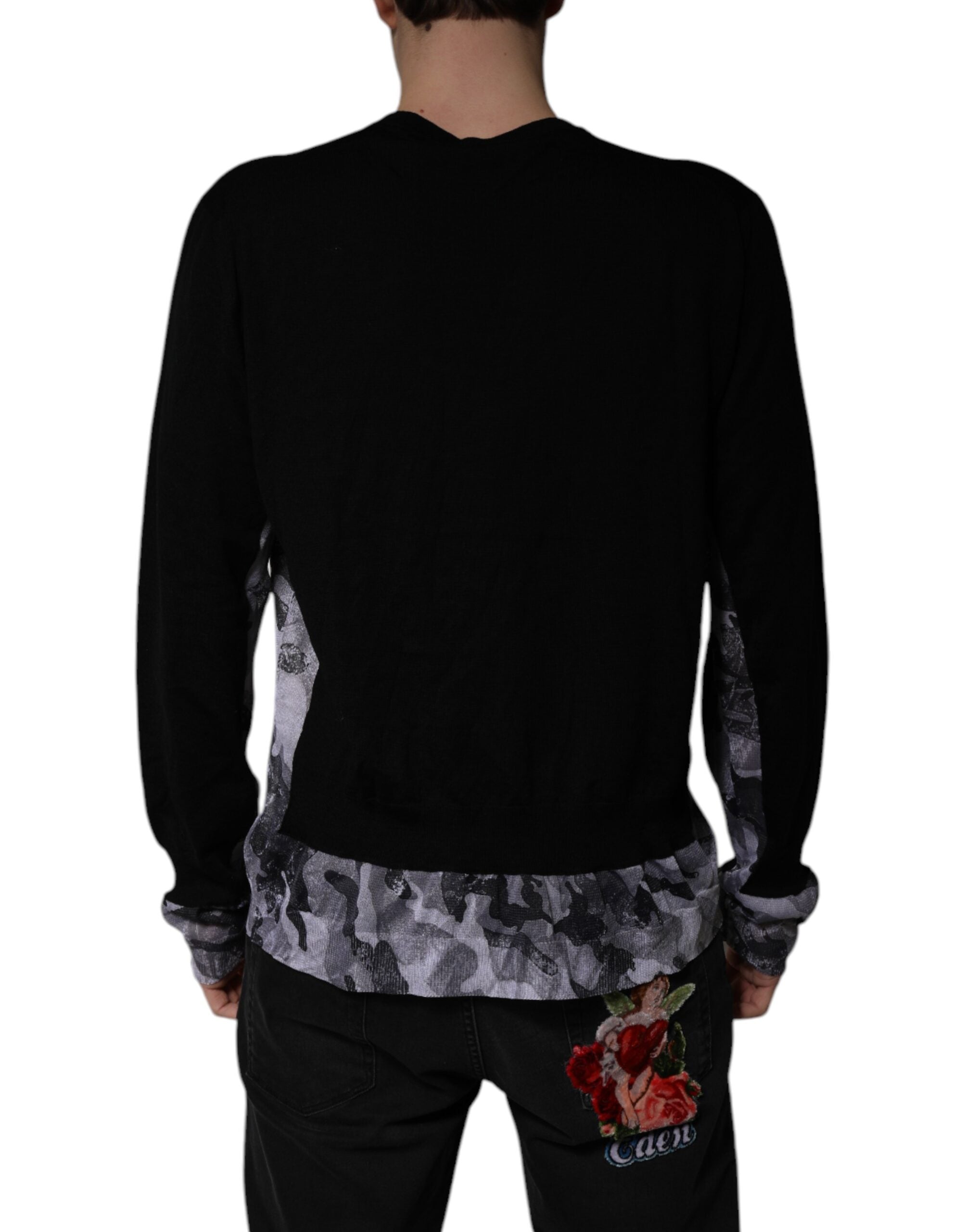 Pull à col en V noir camouflage de Dolce & Gabbana, pull-over élégant en maille pour homme.