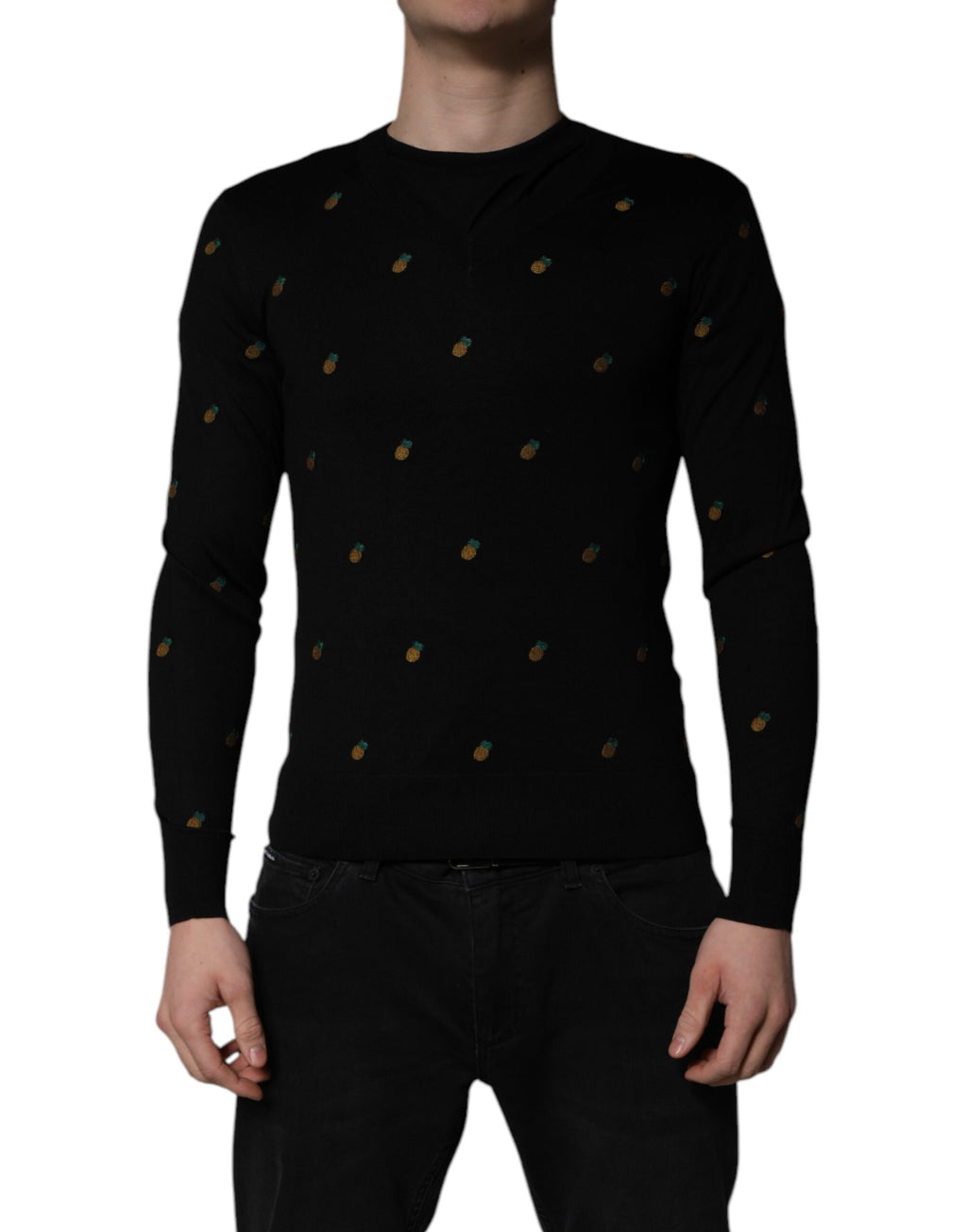 Pull à col rond Dolce & Gabbana noir avec motif ananas, pull-over en laine élégante et confortable.