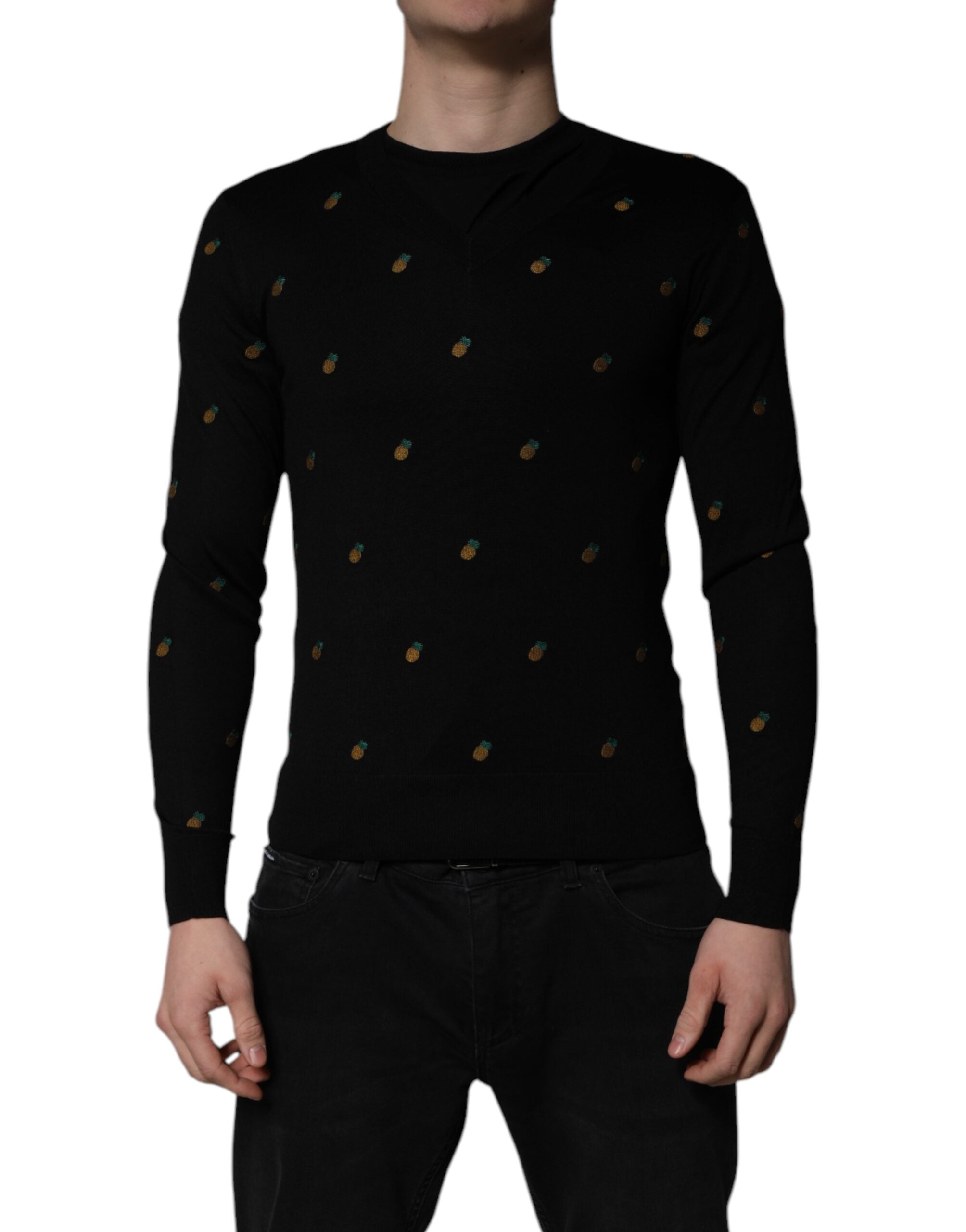Pull à col rond Dolce & Gabbana noir avec motif ananas, pull-over en laine élégante et confortable.