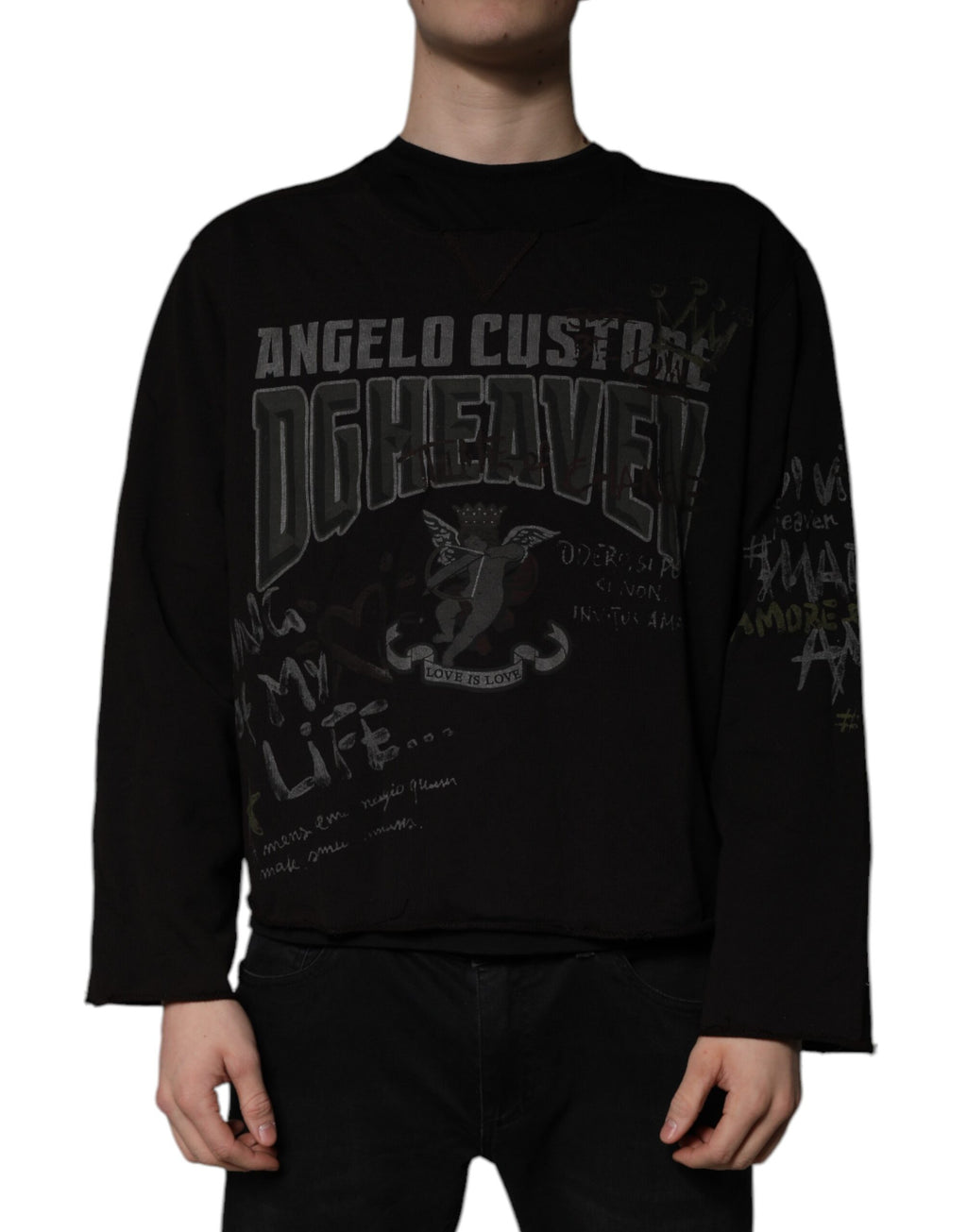 Pull-over Dolce & Gabbana DG Heaven noir à col rond en maille, avec logo brodé visible sur le devant.
