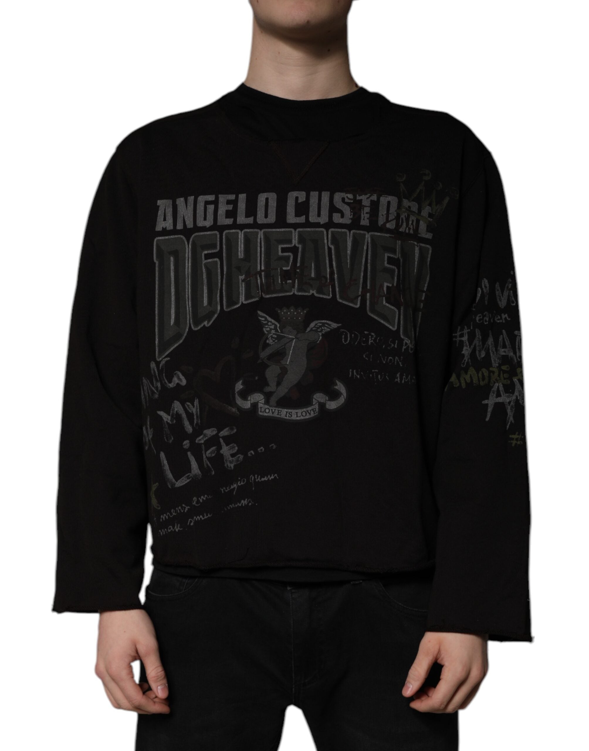 Pull-over Dolce & Gabbana DG Heaven noir à col rond en maille, avec logo brodé visible sur le devant.