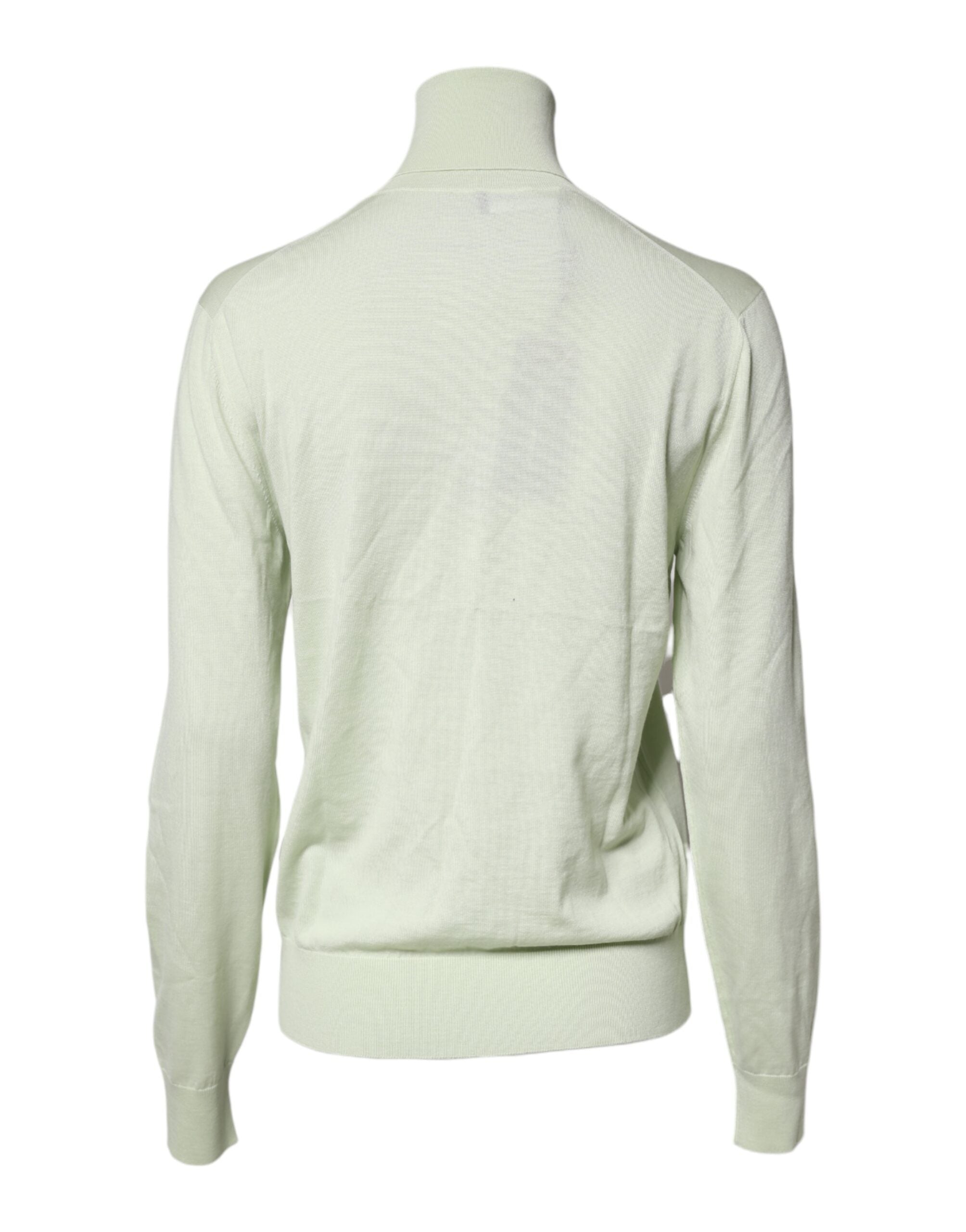 Pull-over en laine vert clair Dolce & Gabbana à col roulé, vue de face avec détails du tissu et du col.