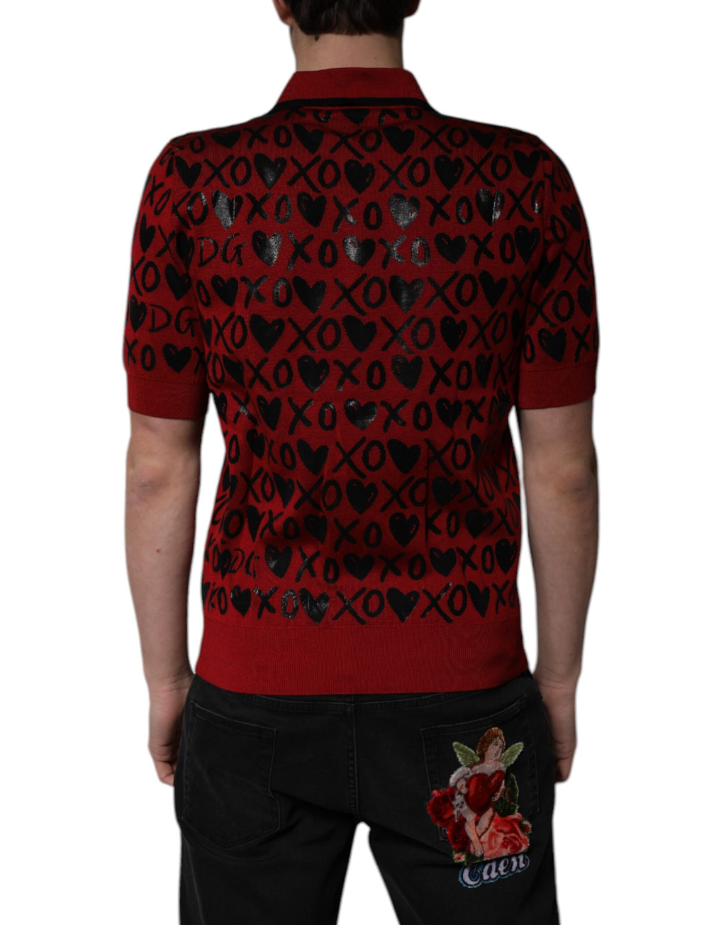 T-shirt polo rouge en coton Dolce & Gabbana avec col et motif XOXO, vue de face.