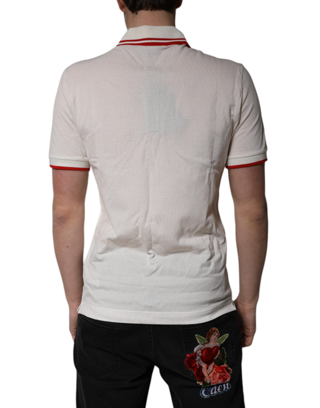 Polo homme Dolce & Gabbana en coton blanc avec logo, col classique, style élégant et décontracté.