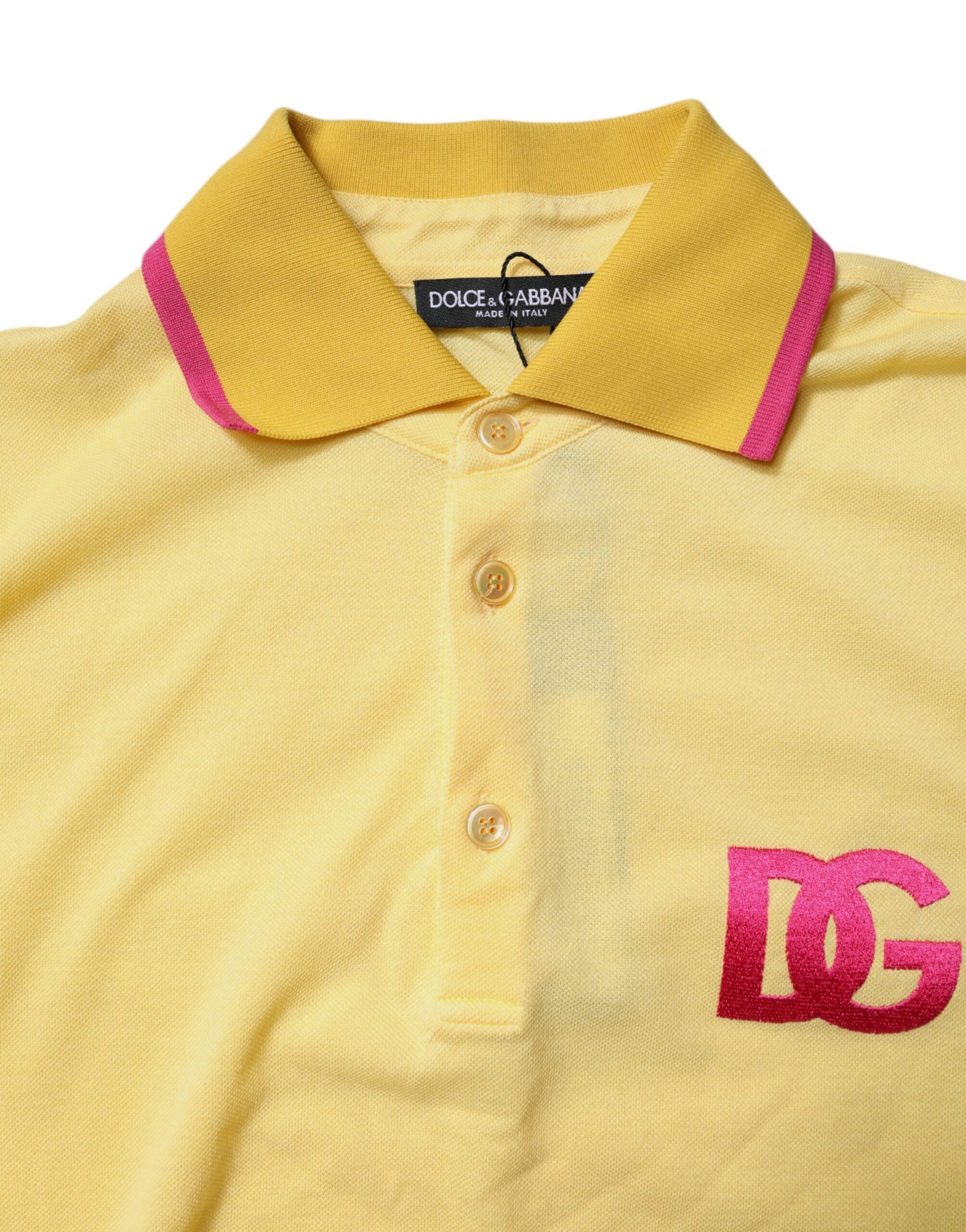 T-shirt polo en coton jaune Dolce & Gabbana avec logo, col classique, vue de face sur fond neutre.