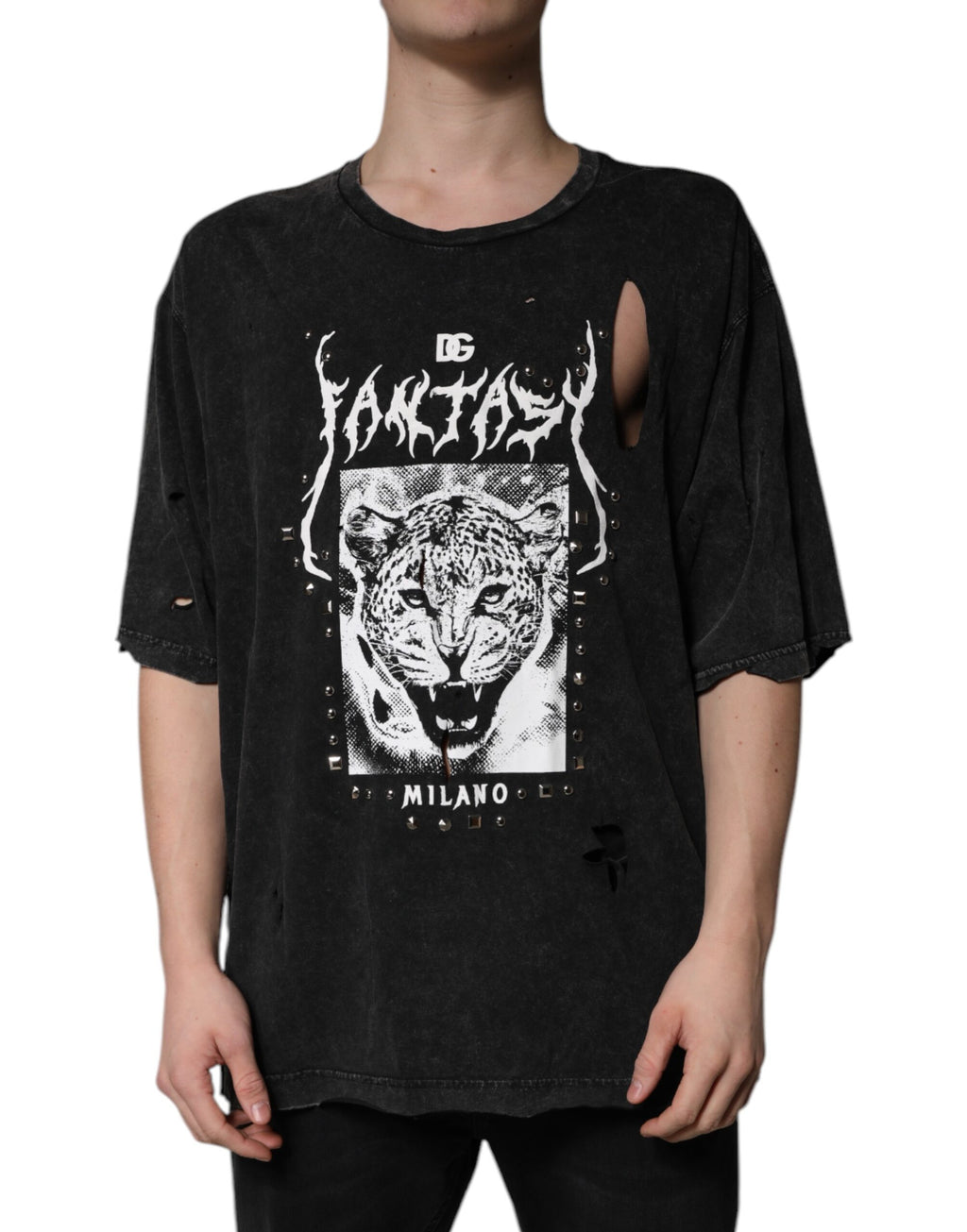 T-shirt en coton noir avec imprimé graphique de Dolce & Gabbana, col rond, style décontracté et moderne.