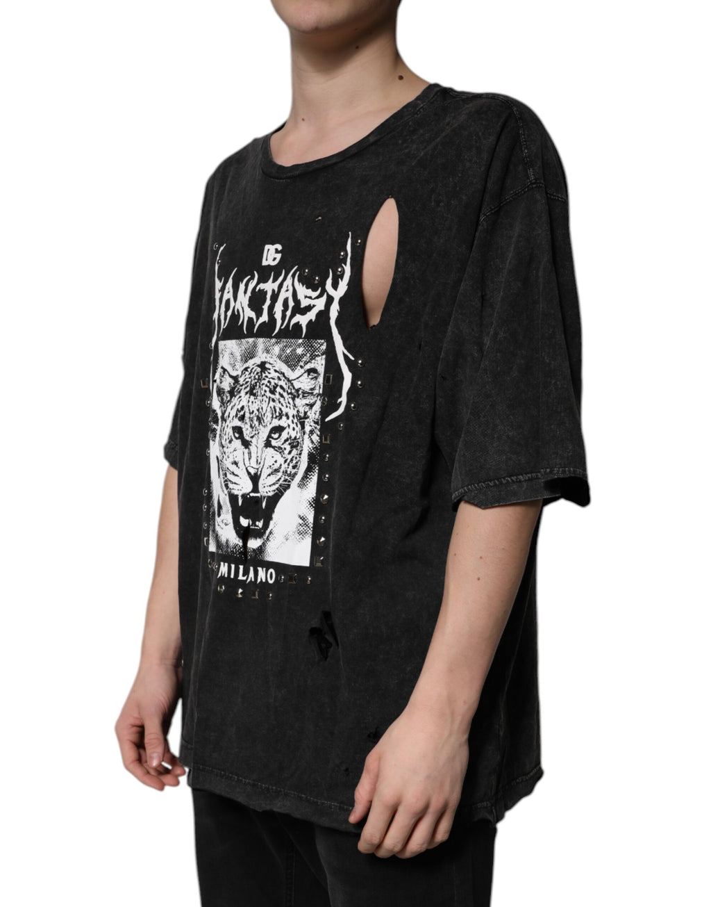 T-shirt en coton noir Dolce & Gabbana avec imprimé graphique, col rond, vue de face.