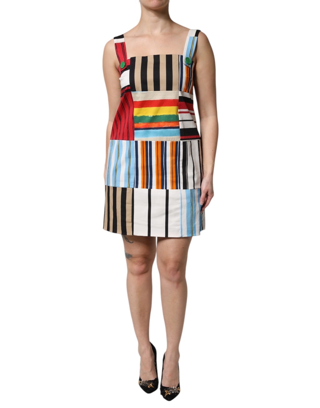 Robe sans manches à rayures multicolores en coton de Dolce & Gabbana, élégante et estivale.